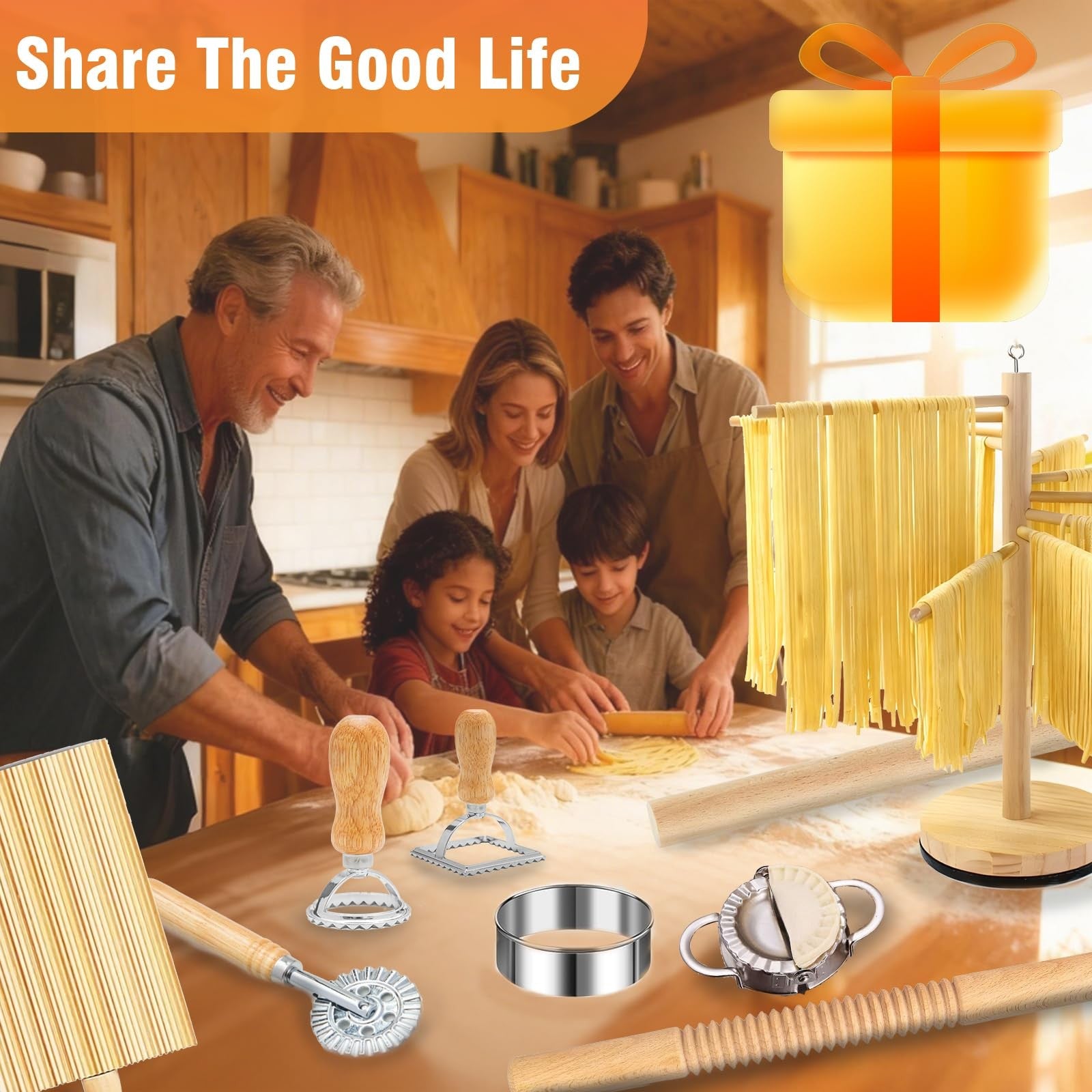 DthwagfL 10-piece pasta making kit with rolling pins and drying rack, includes various pasta tools for homemade pasta preparation.