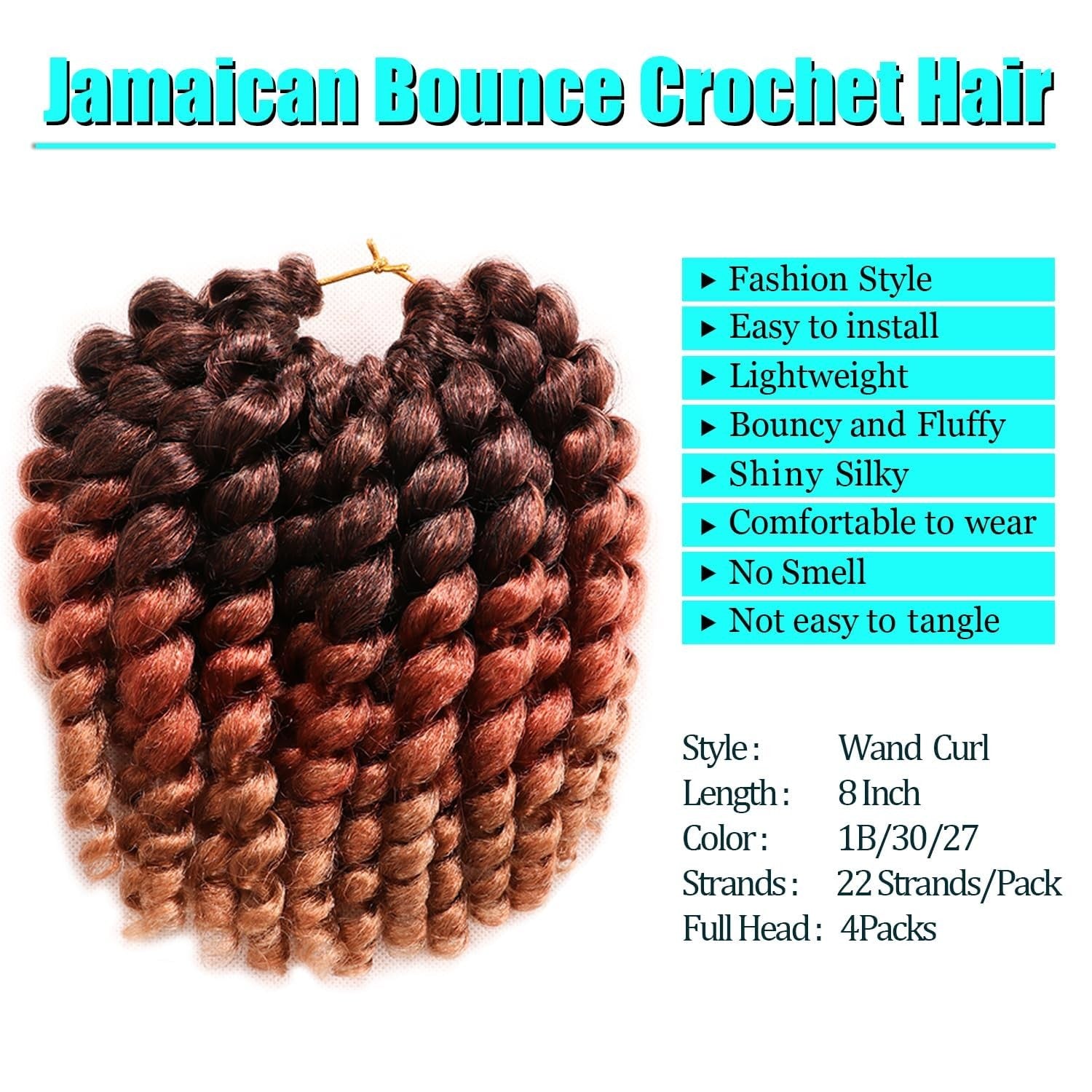 Kenkenten 8-inch Jamaican Bounce crochet hair with 22 curly strands, shown in four packs for natural, voluminous curly style.