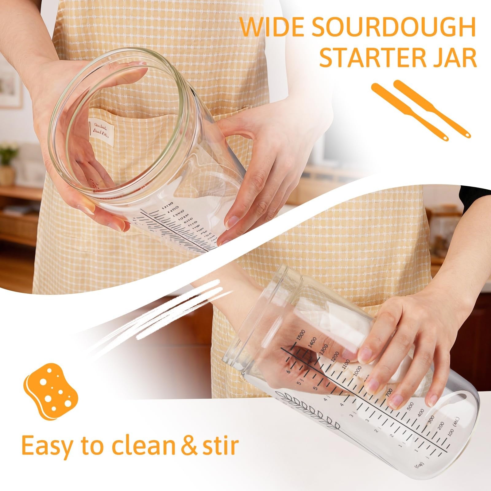 Rakovar 57oz sourdough starter jar kit with wide mouth for easy access and fermentation, made of clear glass with a secure lid.