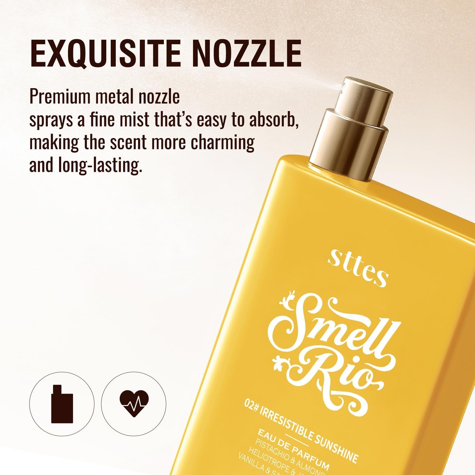Sttes Perfume 02# Irresistible Sunshine bottle featuring vanilla, salted caramel, and long-lasting floral notes.