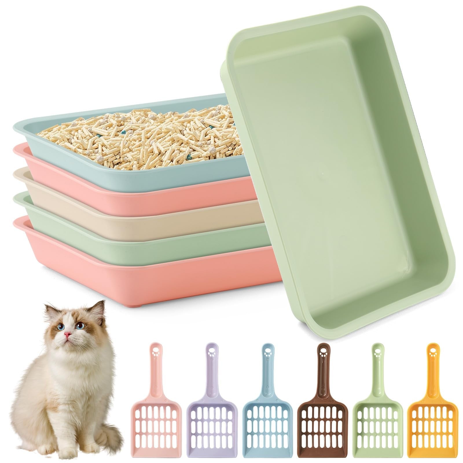 CIEOVO 6-piece kitten litter box set with small plastic pans and 6 scoops, ideal for litter box training and everyday use.