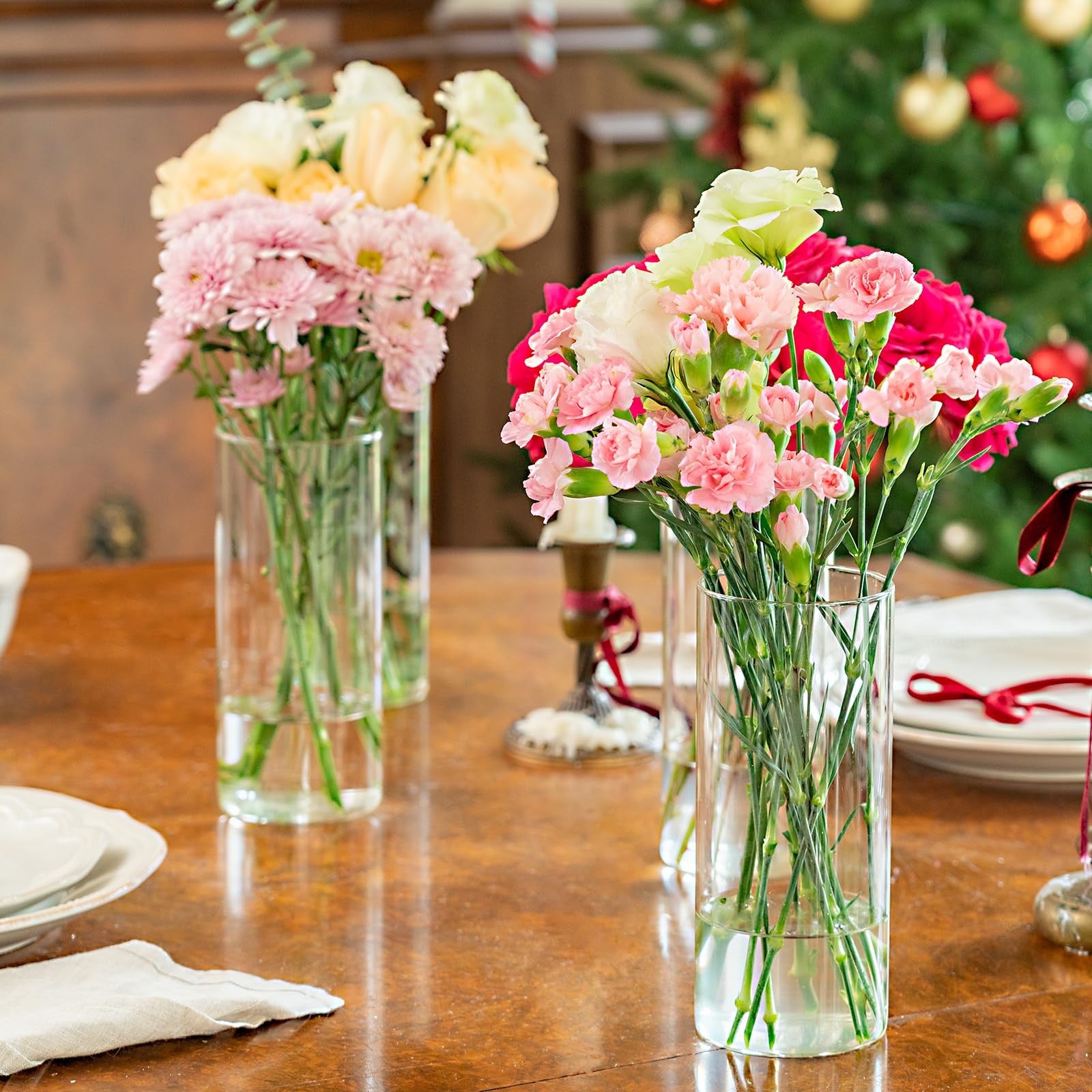 Set of 7 tall DYMFADFB glass cylinder vases, 8 inches high, ideal for centerpieces, clear cylindrical glass flower vases.