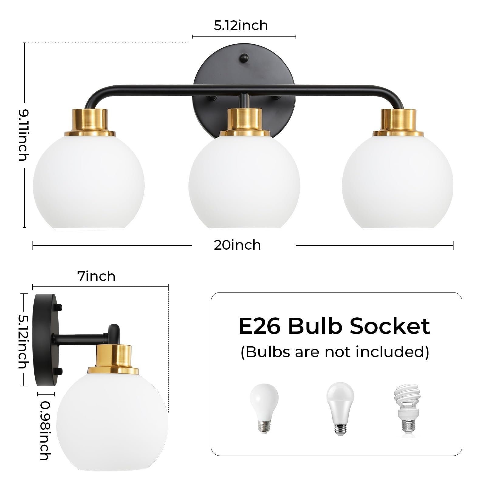 Watyo 3-light black and gold bathroom vanity light fixture with milk glass shades, modern and stylish for bathroom decor.