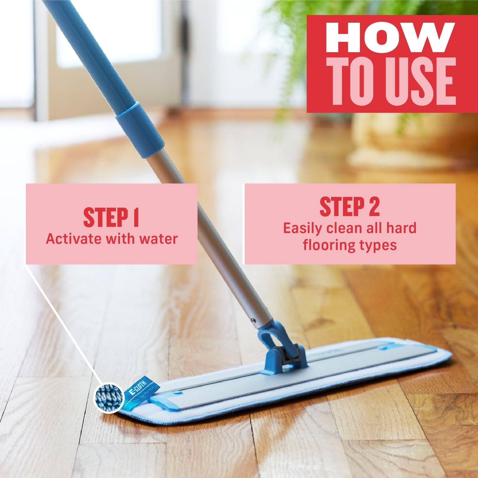 E-Cloth Deep Clean Microfiber Mop pad for home cleaning, showing reusable microfiber mop pad on a hardwood floor.