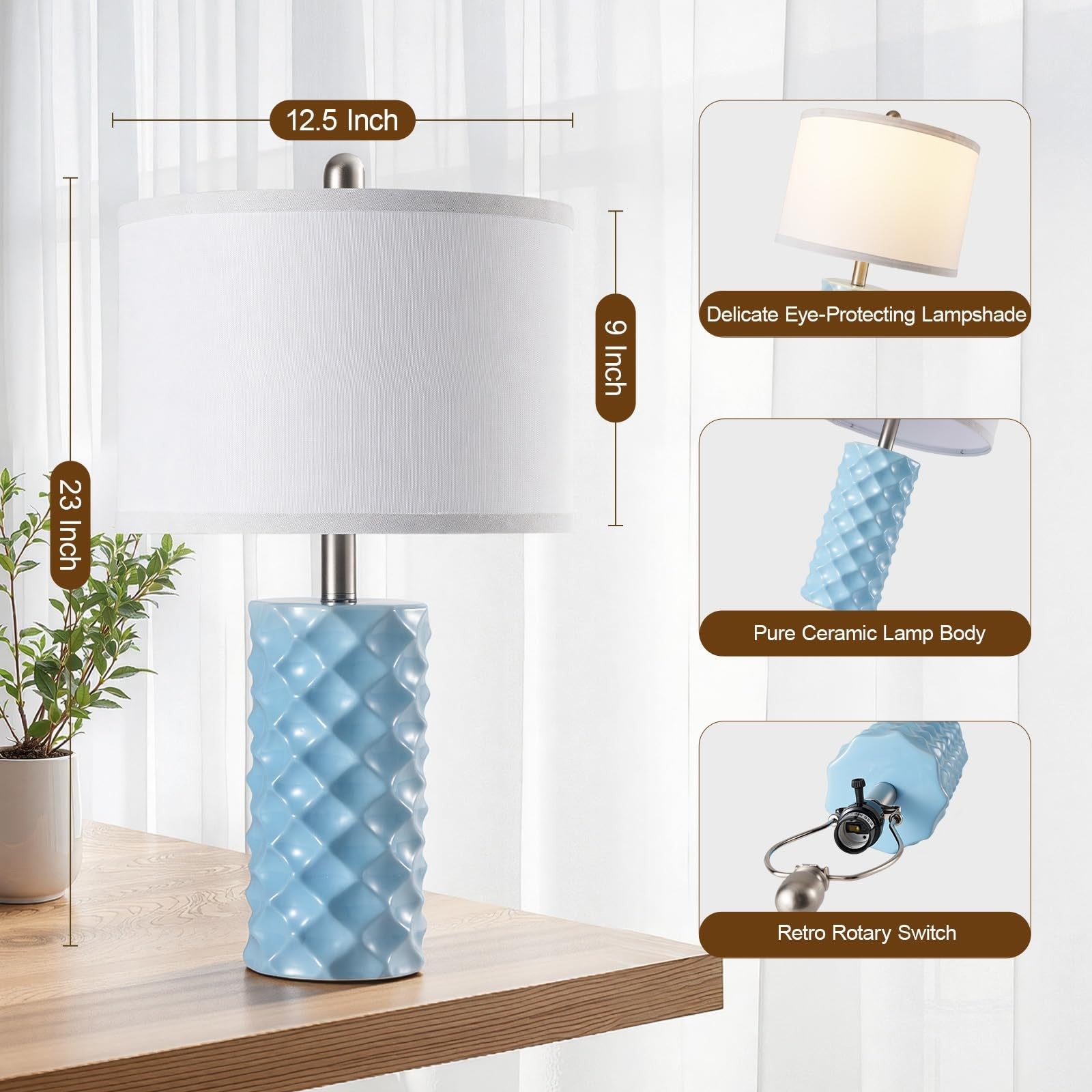 Sky blue ceramic table lamps with star diamond accents, set of 2, 23-inch modern luxe design by BLHDZJR.