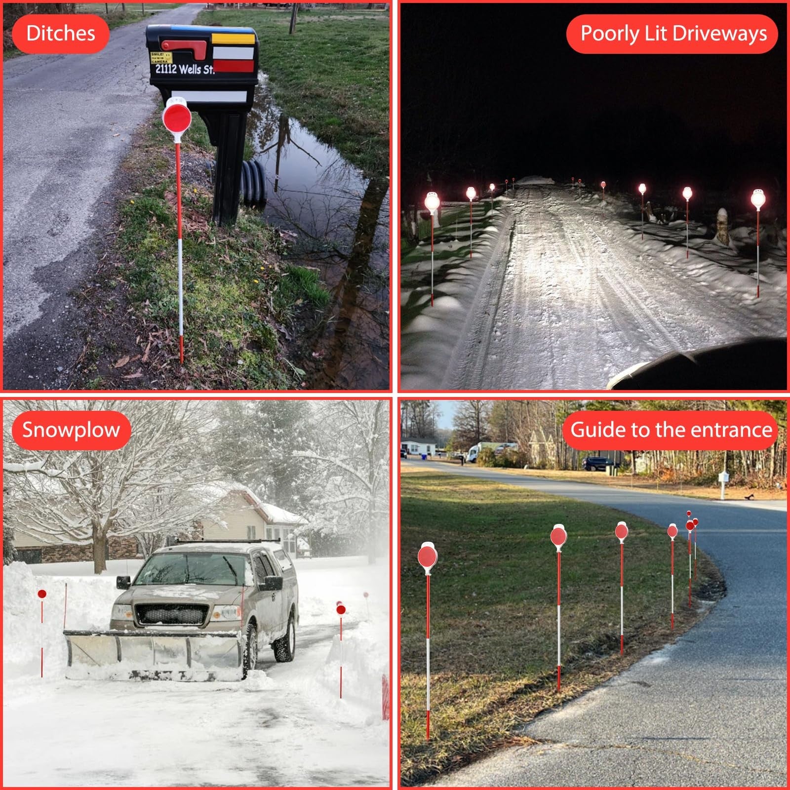DEROFIT driveway markers 8-pack, 50-inch reflective snow stakes with installation bit, high-visibility for winter driveway safety