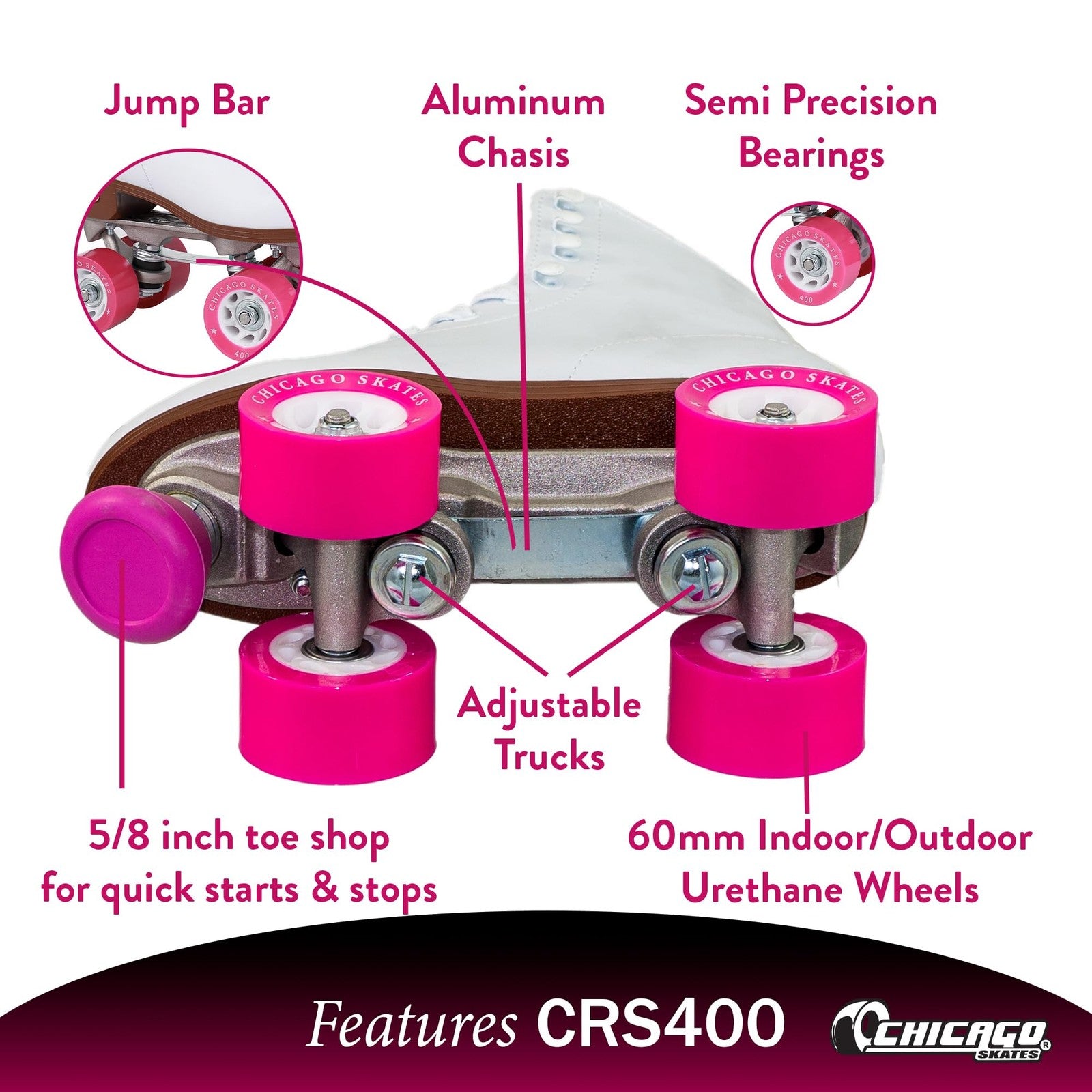 Chicago Skates Premium White Quad Roller Skates for girls and women, featuring classic design and adjustable laces.