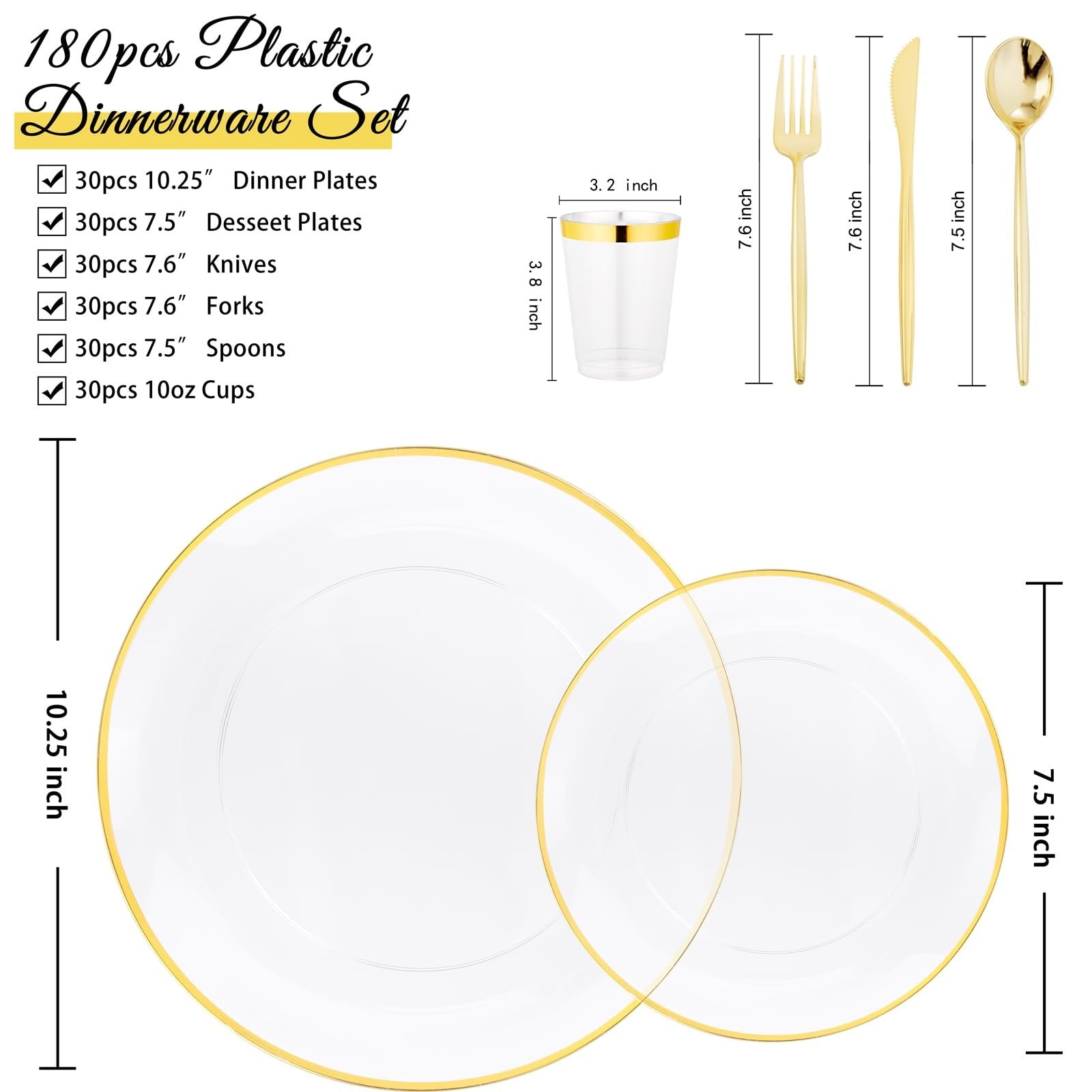 Set of 10 ejonirinjonir EI 180pcs gold and clear plastic plates with gold trim, ideal for party and event tableware.