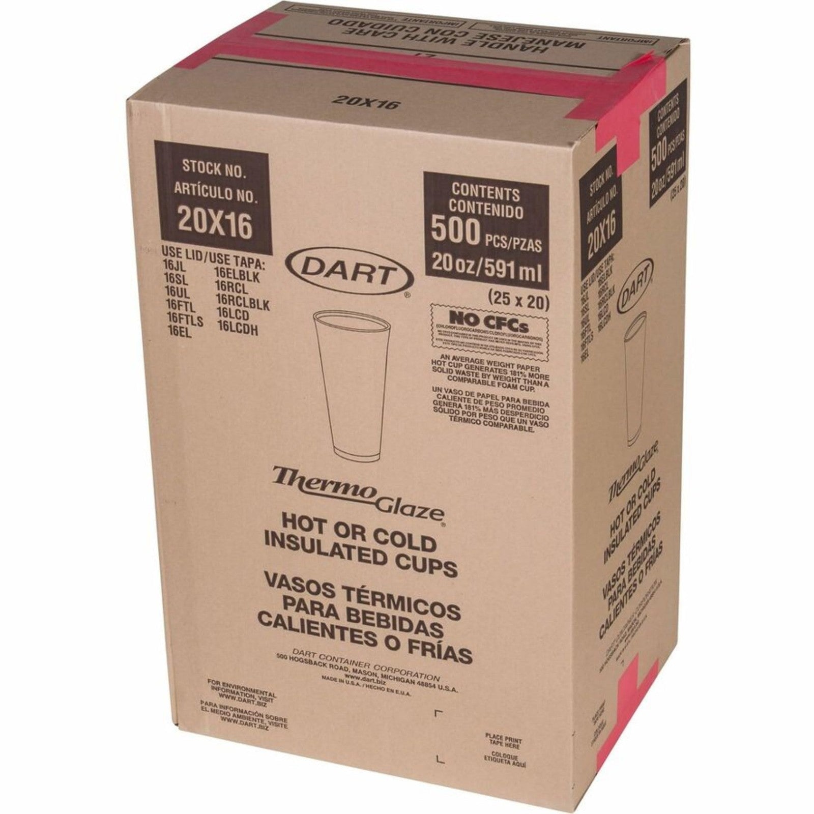 Dart 20 oz Cafe G foam cup, white disposable coffee cup with black Dart logo, stacked in a case of 500 for hot beverages.