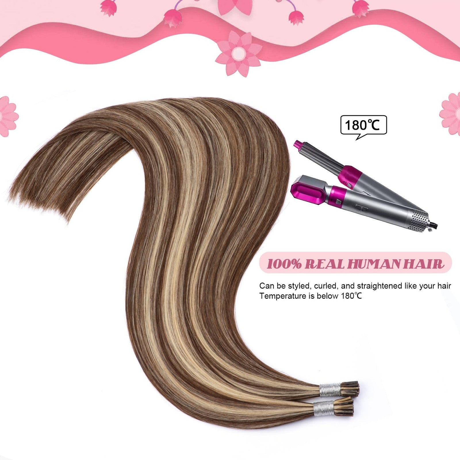 Blonde highlight KPVXXVE Hair I Tip Extensions in human hair, showing brown base and seamless application for natural look.
