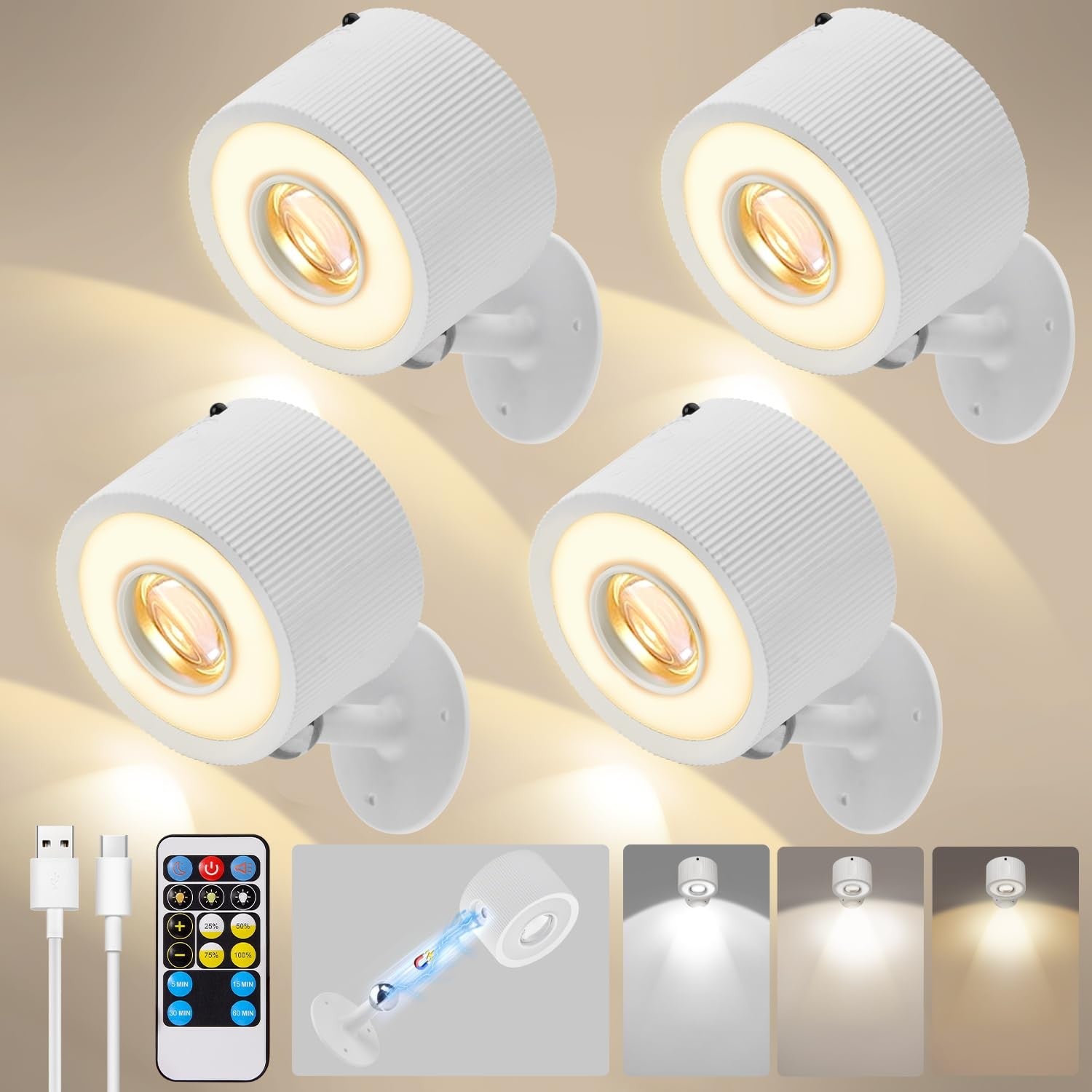 Plomixius LED wall-mounted lights, 4-piece set with remote, rechargeable battery, showing illuminated lights mounted on a wall.