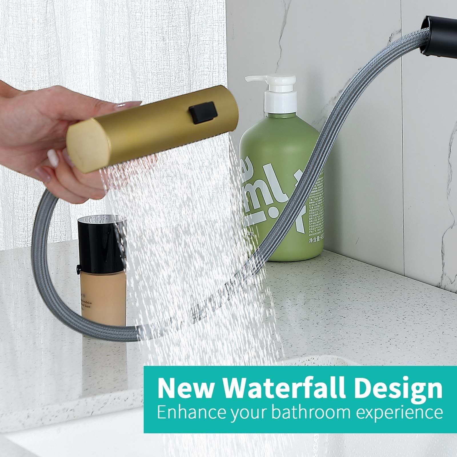 BARROCK waterfall bathroom faucet with three-mode pull-out rotary switch sprayer, modern chrome finish, mounted on sink.