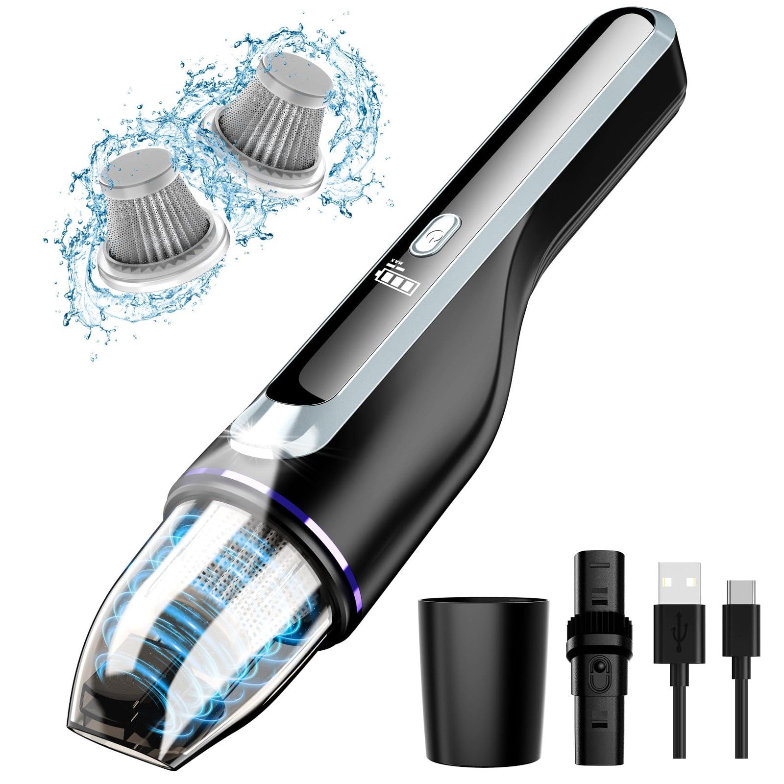 DRECELL handheld car vacuum cleaner with brushless motor and 14000Pa suction power, showing the compact device and nozzle attachment.