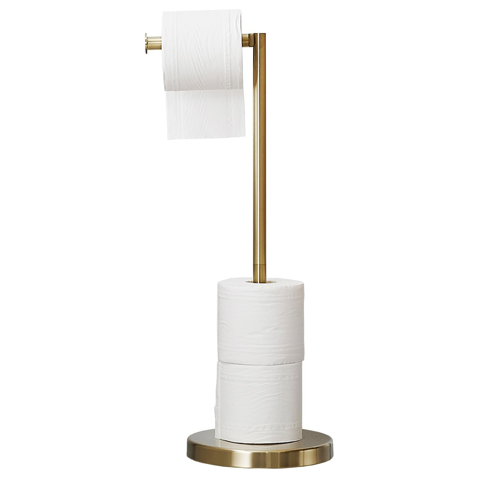 Brushed gold BWE toilet paper holder stand with modern design, tissue roll storage for bathroom organization.