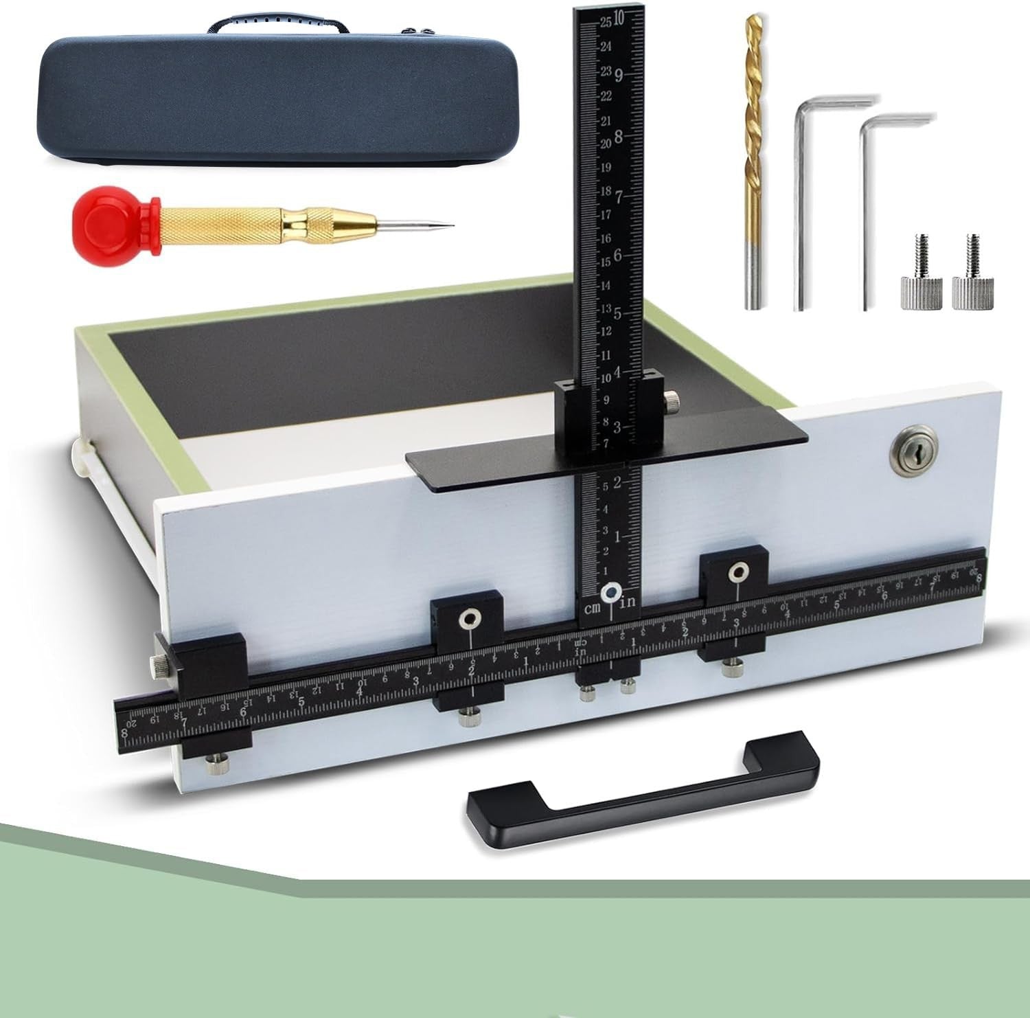 Black aluminum alloy cabinet handle installation jig by Haootadiy, designed for precise, fast handle placement and alignment.