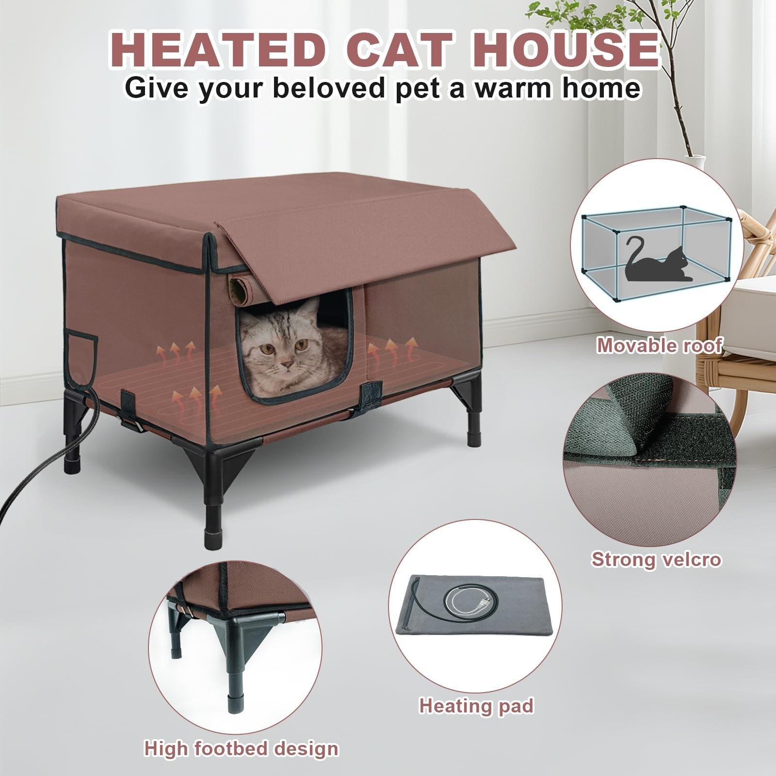 Heated cat house for outdoor cats by Bestio with elevated base and eave design, providing shelter and warmth for outdoor feline pets.