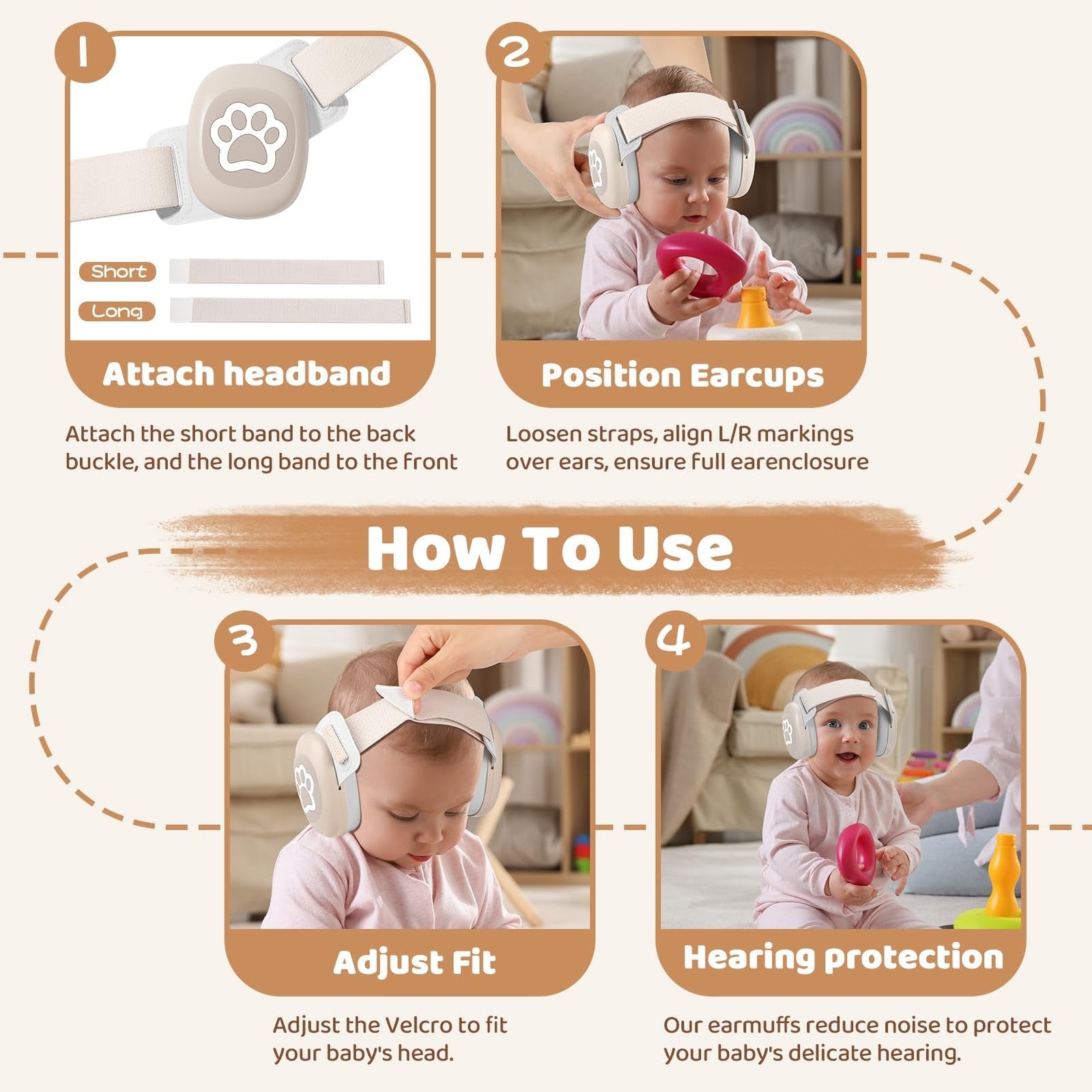 YomauiYee baby headphones with noise-canceling earmuffs featuring a cute cat paw pattern for infants.