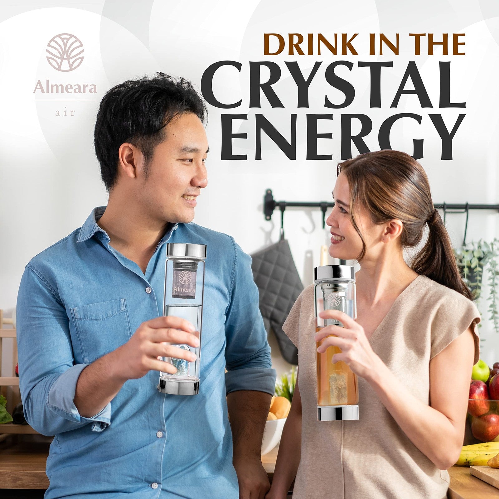 Almeara crystal water bottle with aquamarine and clear quartz accents, lead-free and BPA-free, transparent with gemstone details.
