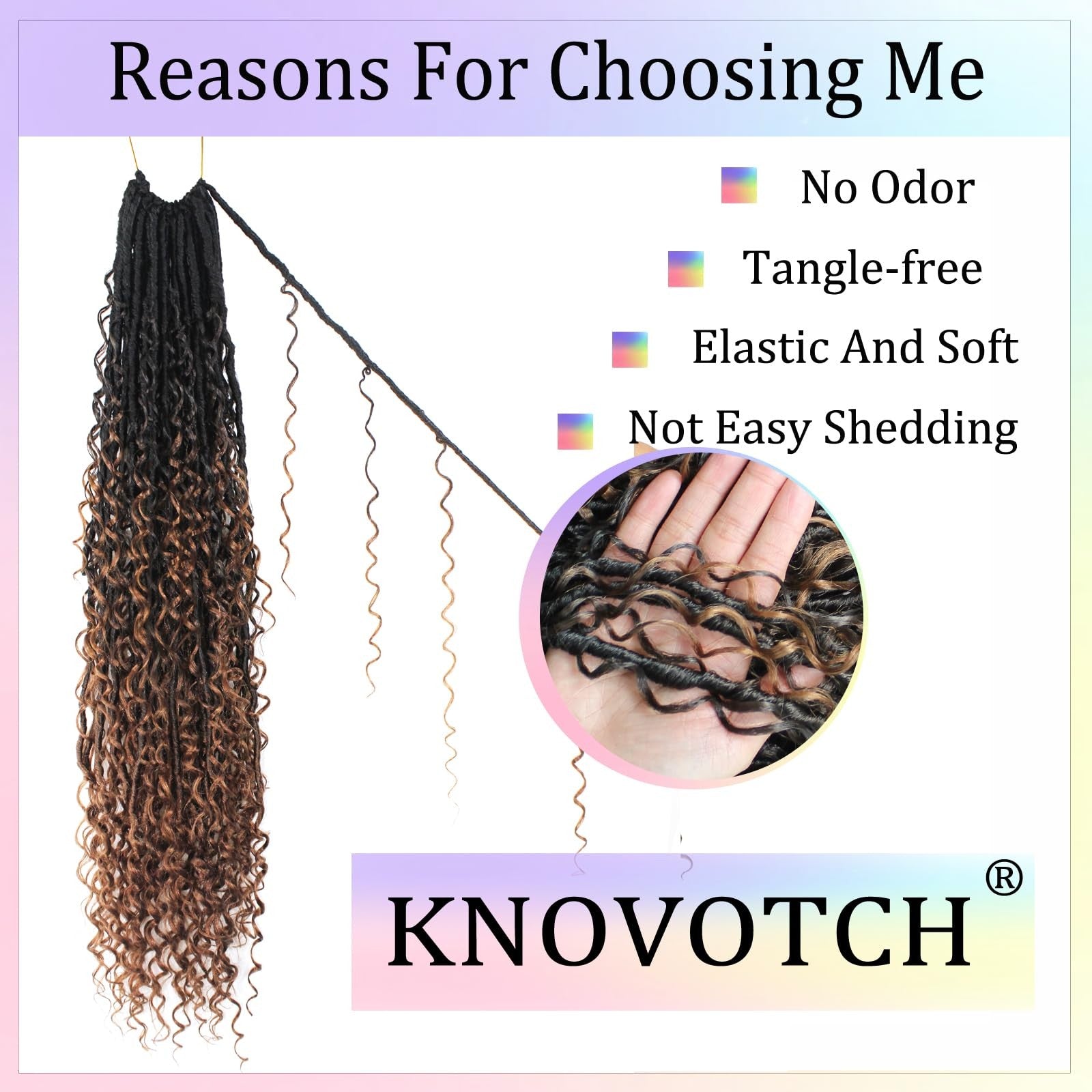 Trekci Boho Faux Locs Crochet Hair, 30-inch goddess locs in soft boho style, displayed in 8 packs on a hair mannequin.