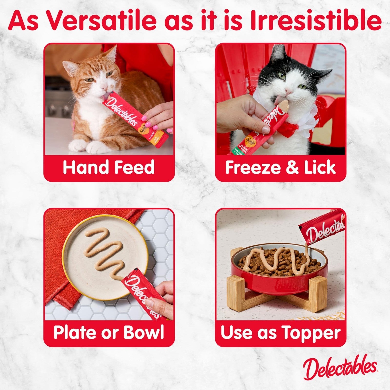 Delectables Squeeze Up tuna variety pack with creamy, lickable wet puree for cats, featuring squeezable tubes with colorful packaging.