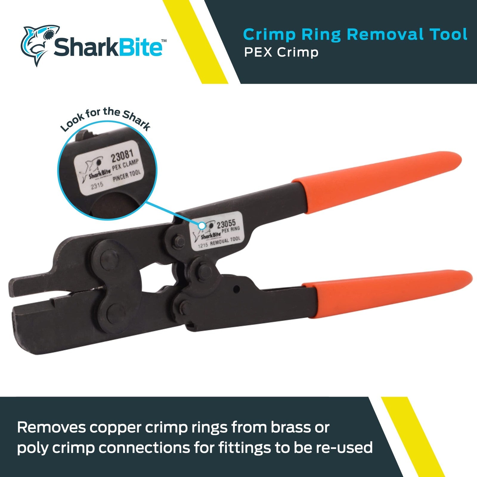 SharkBite Pex crimp ring removal tool for 1/2, 3/4, and 1-inch copper crimp rings, used for plumbing pipe fittings.