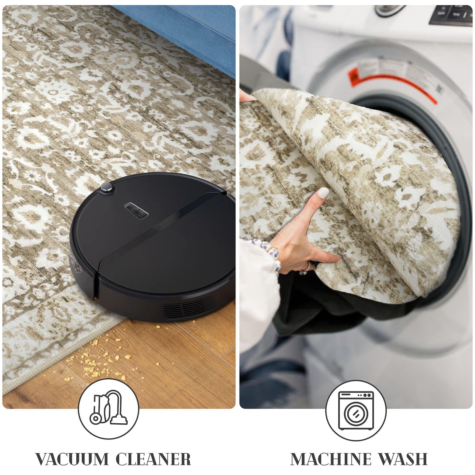 Lansny vintage floral 2x7 beige and tan washable kitchen runner rug with non-slip backing, featuring white floral pattern.