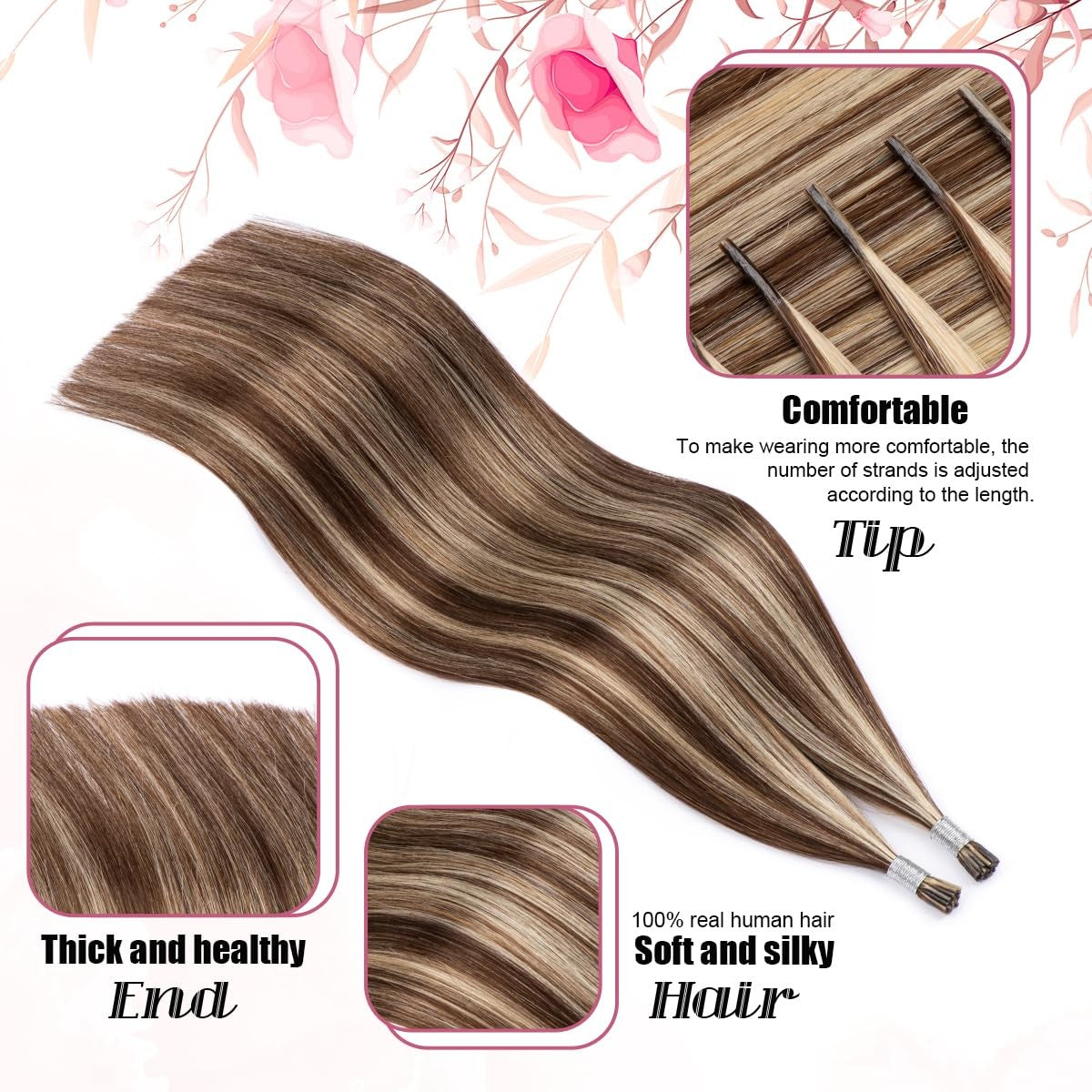 Blonde and brown KPVXXVE Hair I Tip extensions with highlights, showcasing human hair extensions with seamless application.