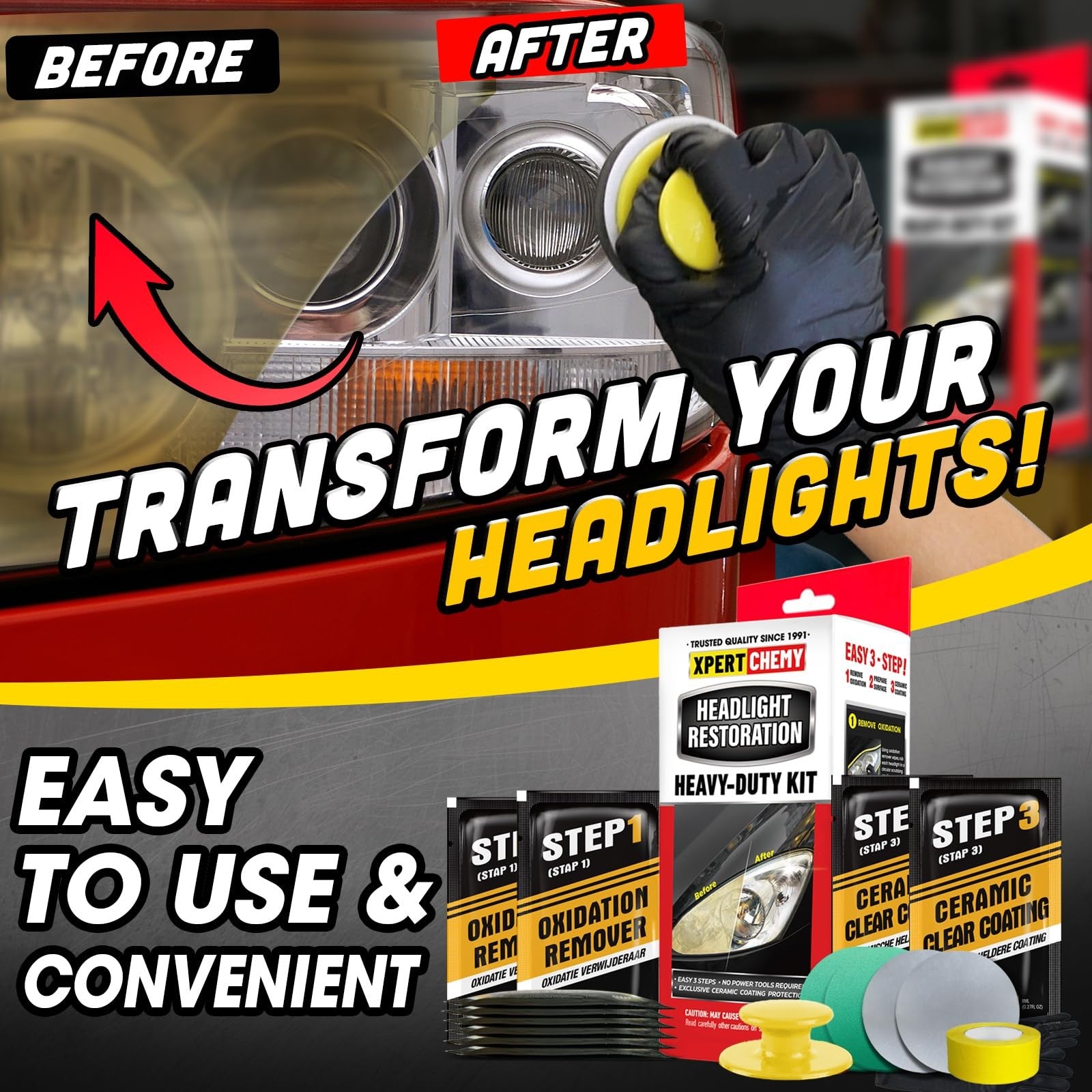 XPERTCHEMY Headlight Restoration Kit with yellowing and clouding remover for clear, bright headlights, shown with tools and restored lens.