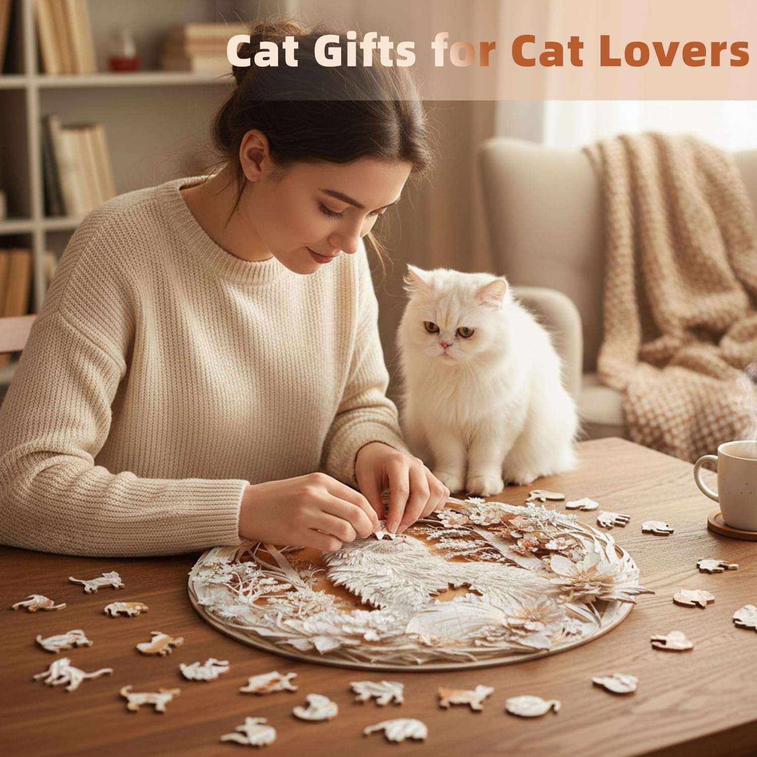 Jollitot 3D wooden puzzle for adults featuring a white cat and cherry blossoms, with 200 pieces assembled.
