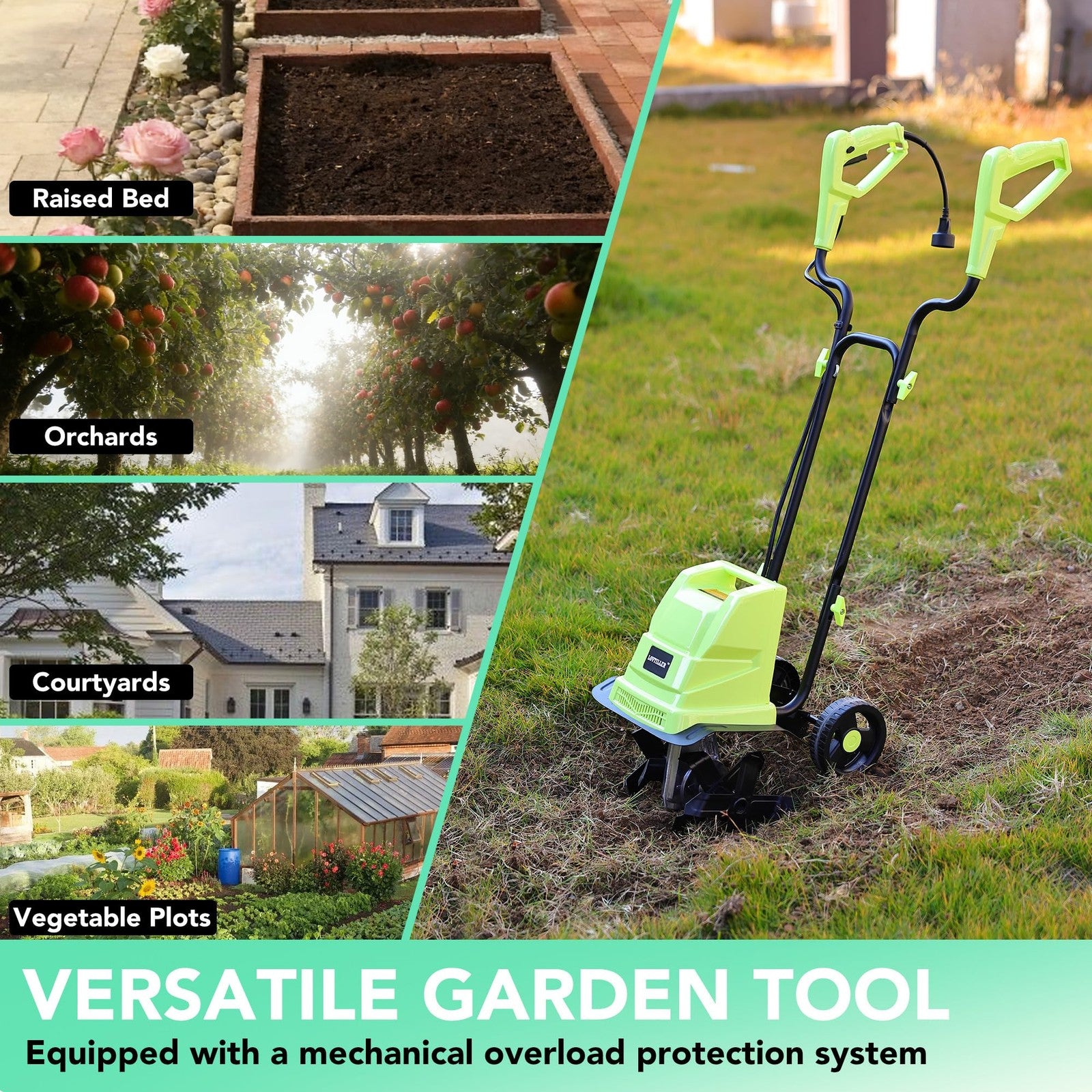 Small electric garden tiller cultivator with 13.5 Amp power, featuring a 12-inch working width and corded design
