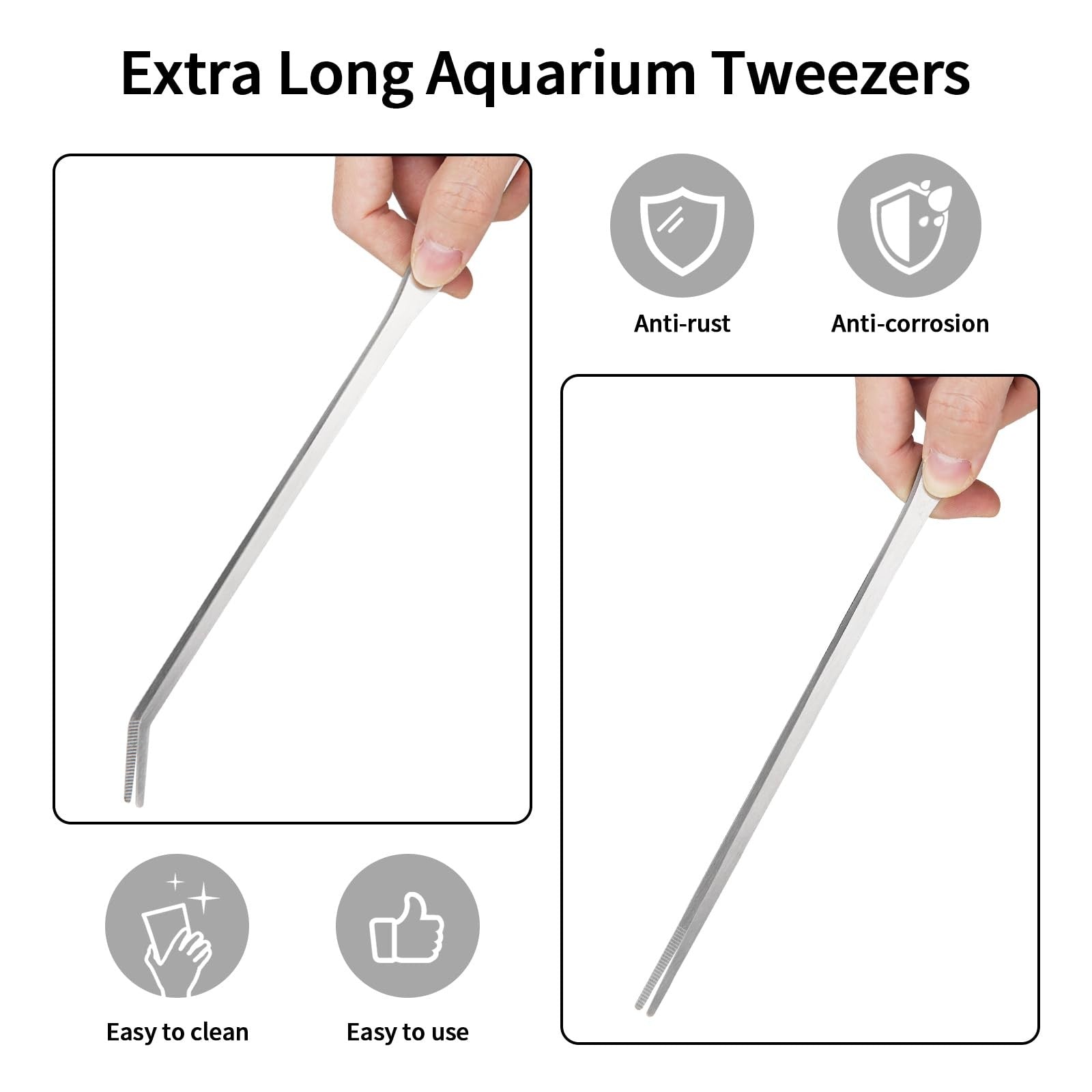 Fri4Free 2-piece long aquarium tweezers with straight and curved stainless steel tips for precise fish and plant handling.