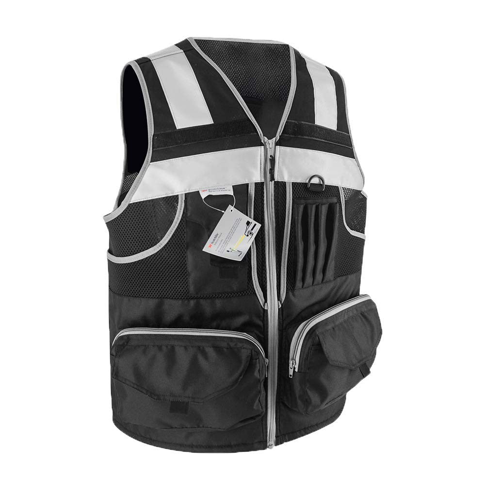 Black knitted safety vest with 3M reflective stripes, featuring 10 pockets for high-visibility workwear and safety gear.