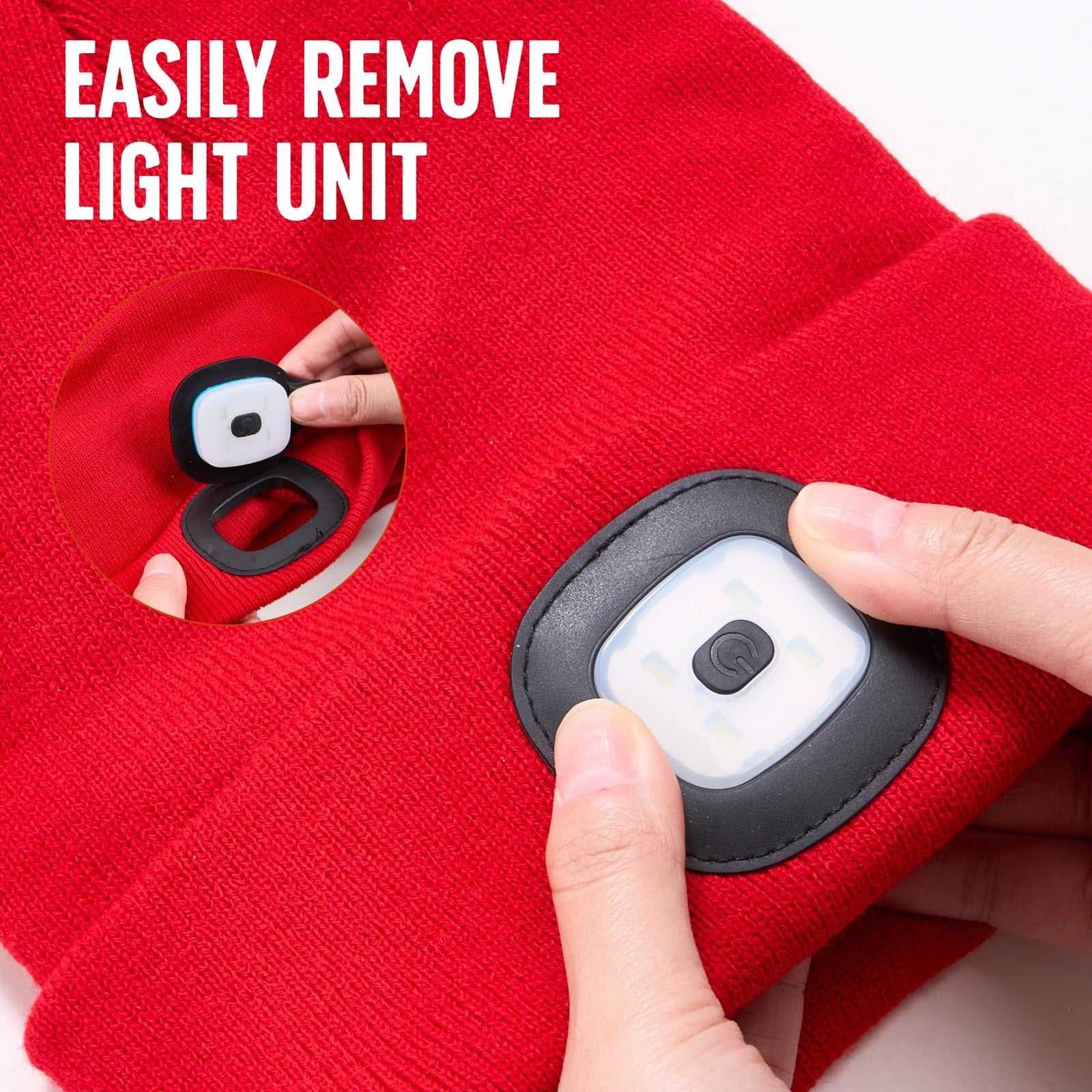 SYMNTEM unisex LED beanie hat with built-in rechargeable headlight, featuring a USB charging port and soft knit fabric.