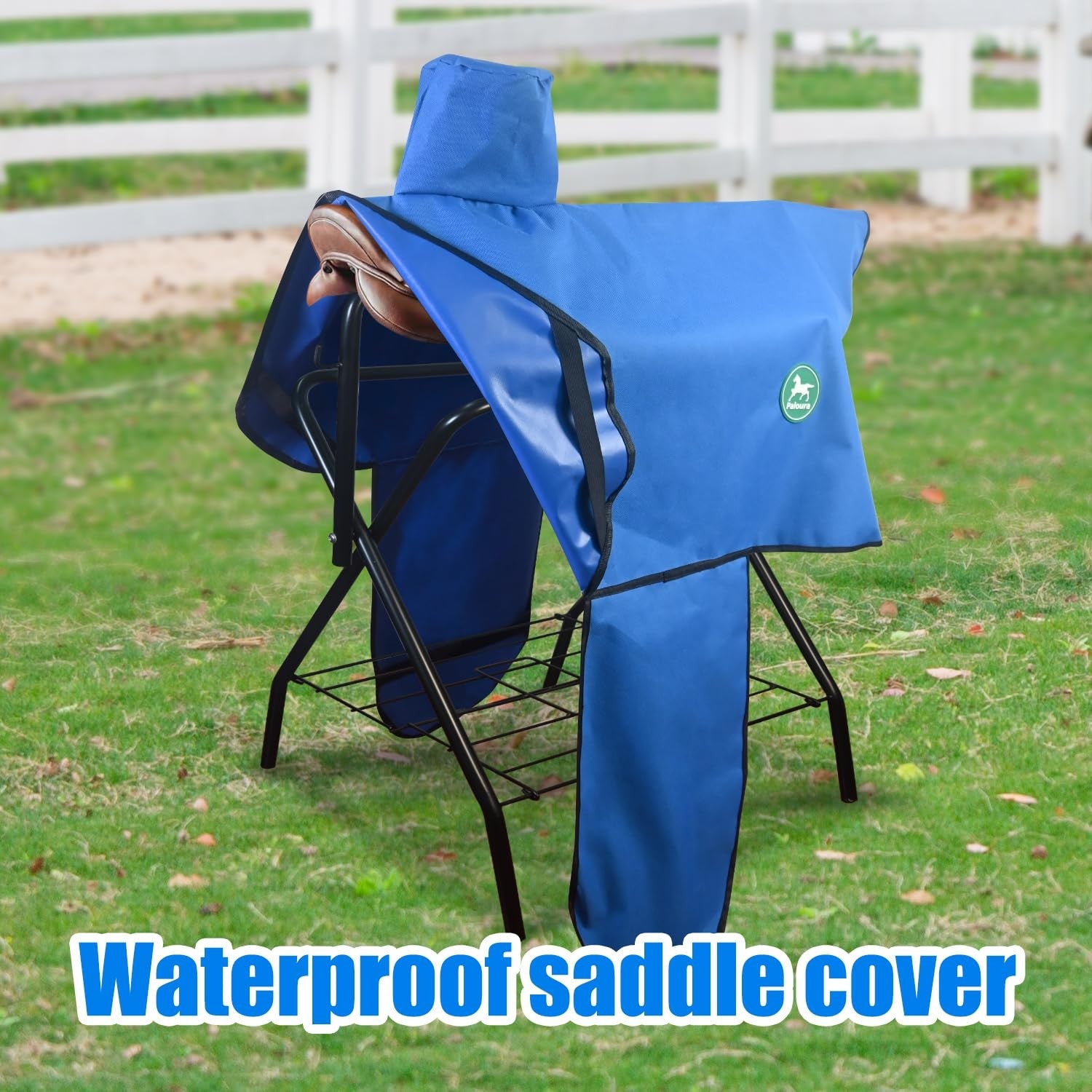 Waterproof Paloura Western saddle cover with 6 elastic straps, made of durable Oxford fabric, protects saddles during travel and storage.