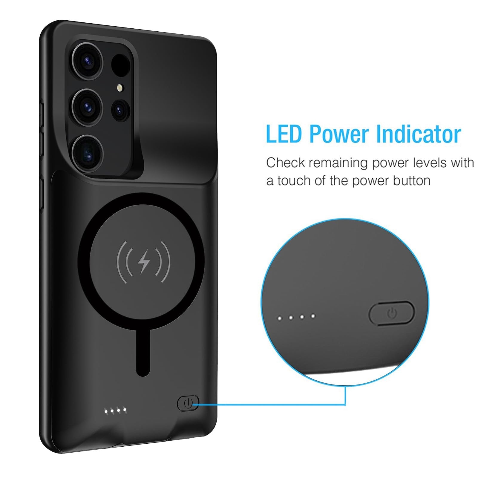 MAXBEAR Galaxy S25 Ultra battery case with 12000mAh capacity, portable protective wireless charging, shown attached to the phone.