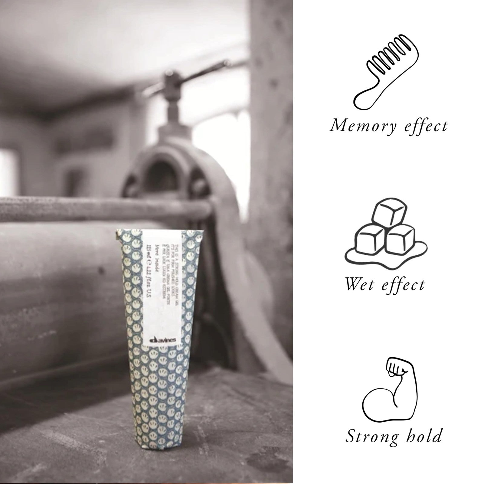 Davines This is a Strong Hold Cream Gel tube showing the product name and creamy gel texture for hair styling.