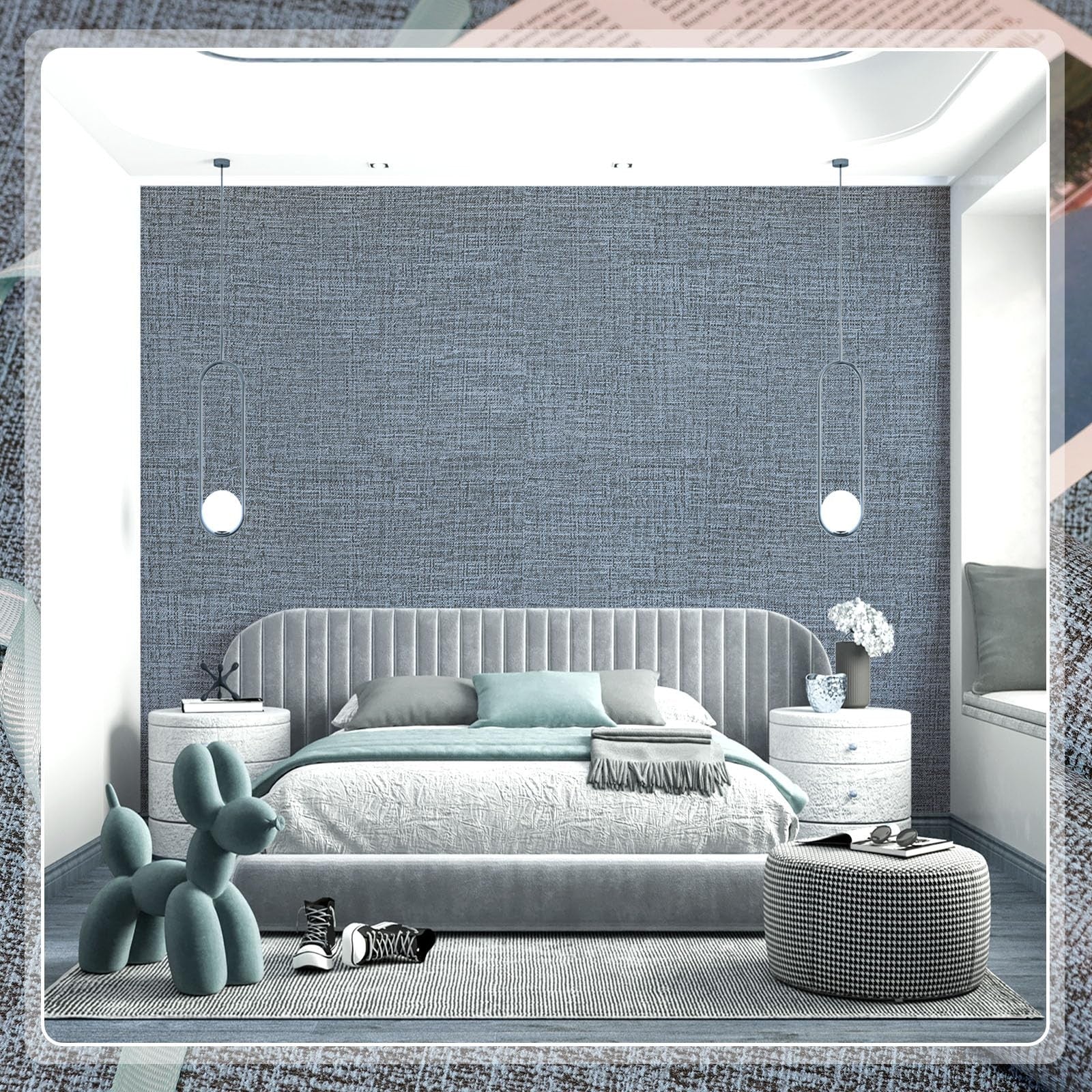 Amiya blue grasscloth wallpaper peel and stick faux fabric linen contact paper showing textured fabric pattern on a wall.