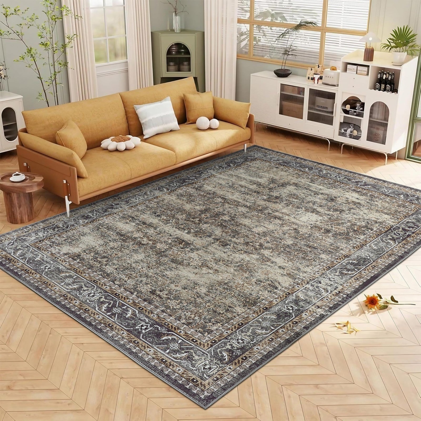 LAISE brown 5x7 ft boho indoor area rug with non-slip backing, machine washable, low pile for cozy home decor.