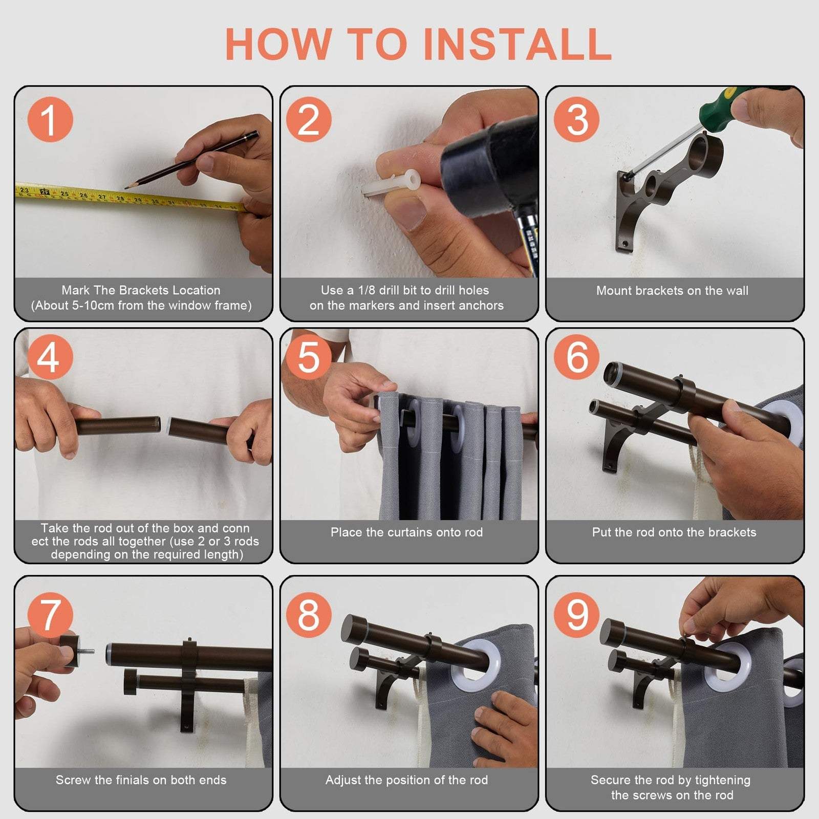 Lwiiom Double Curtain Rods dark bronze aluminum adjustable 72-144 inches with double brackets and end caps