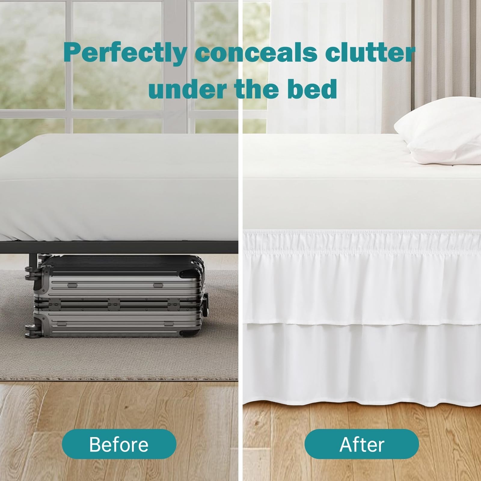 White queen size Vocander 2-layer bedskirt with 14-inch drop, easy to install, tailored for a neat and elegant bed appearance.