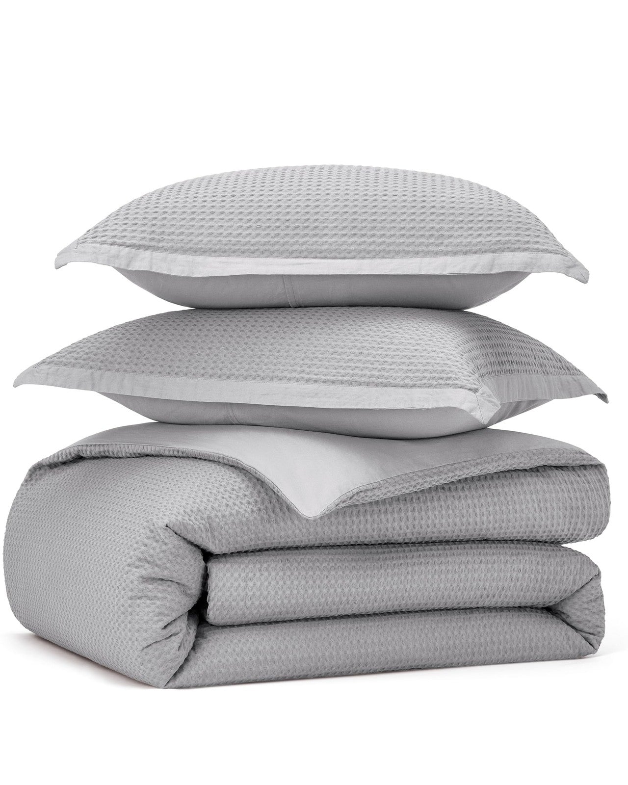 Bedsure queen-sized cotton duvet cover in grey with a waffle weave pattern, made of 100% cotton for soft comfort and style.