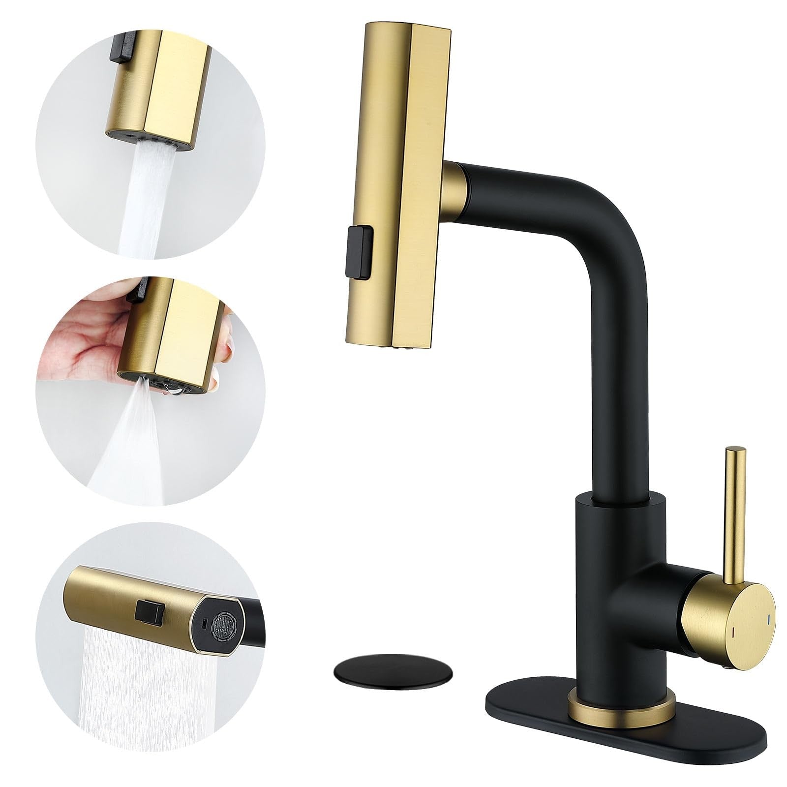 BARROCK waterfall bathroom faucet with 3-mode pull-out rotary sprayer and sleek modern design, installed on a bathroom sink.