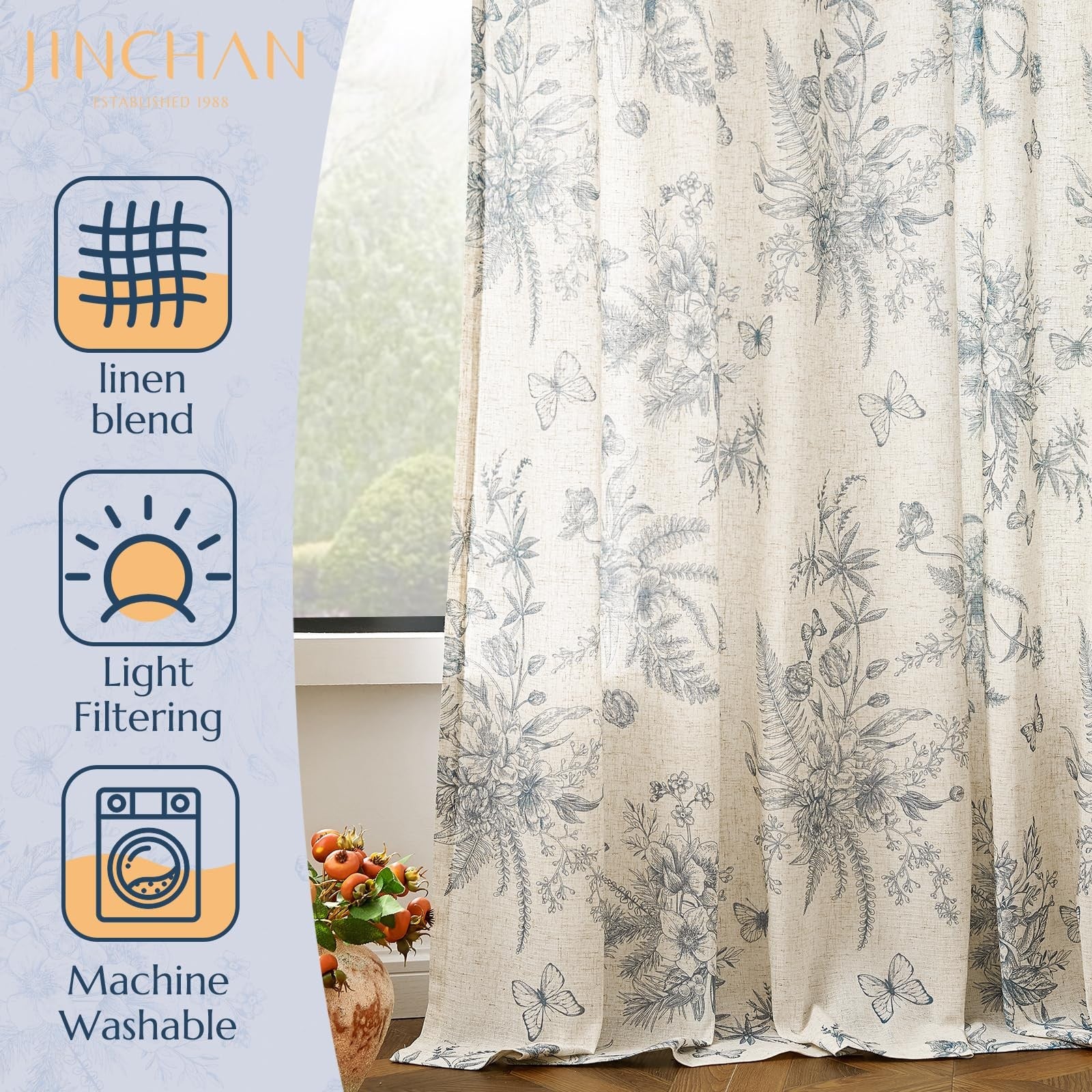Blue Jinchan linen floral curtains for living room, 96-inch length, farmhouse style, featuring delicate floral pattern.