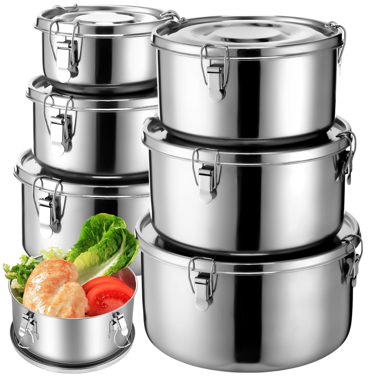 Skybooly 6-piece stainless steel bento box set with lockable clips, leak-proof food containers for lunch and meal storage.
