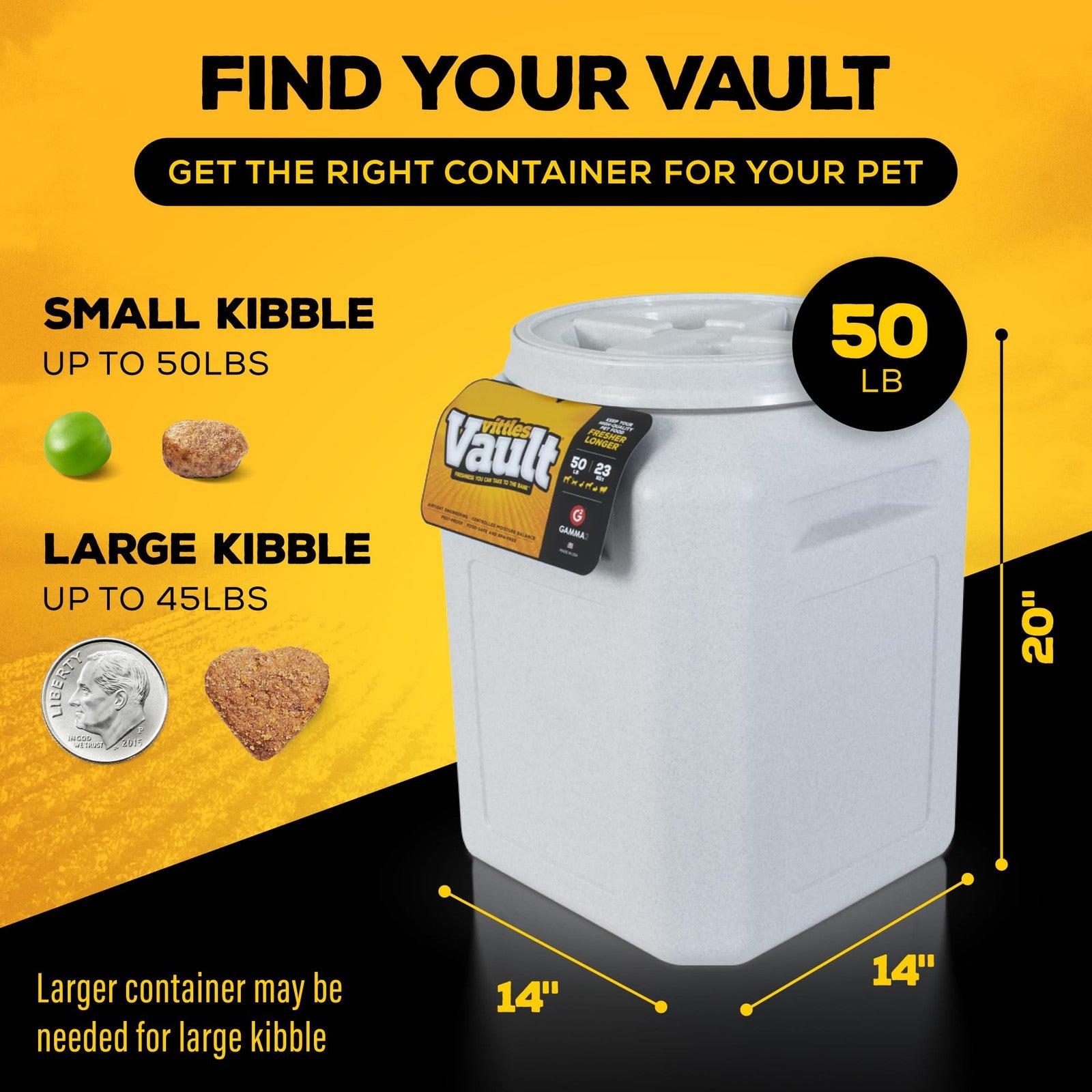 Gamma2 Vittles Vault pet food storage container with sealed lid for storing dog and cat food, durable plastic design.