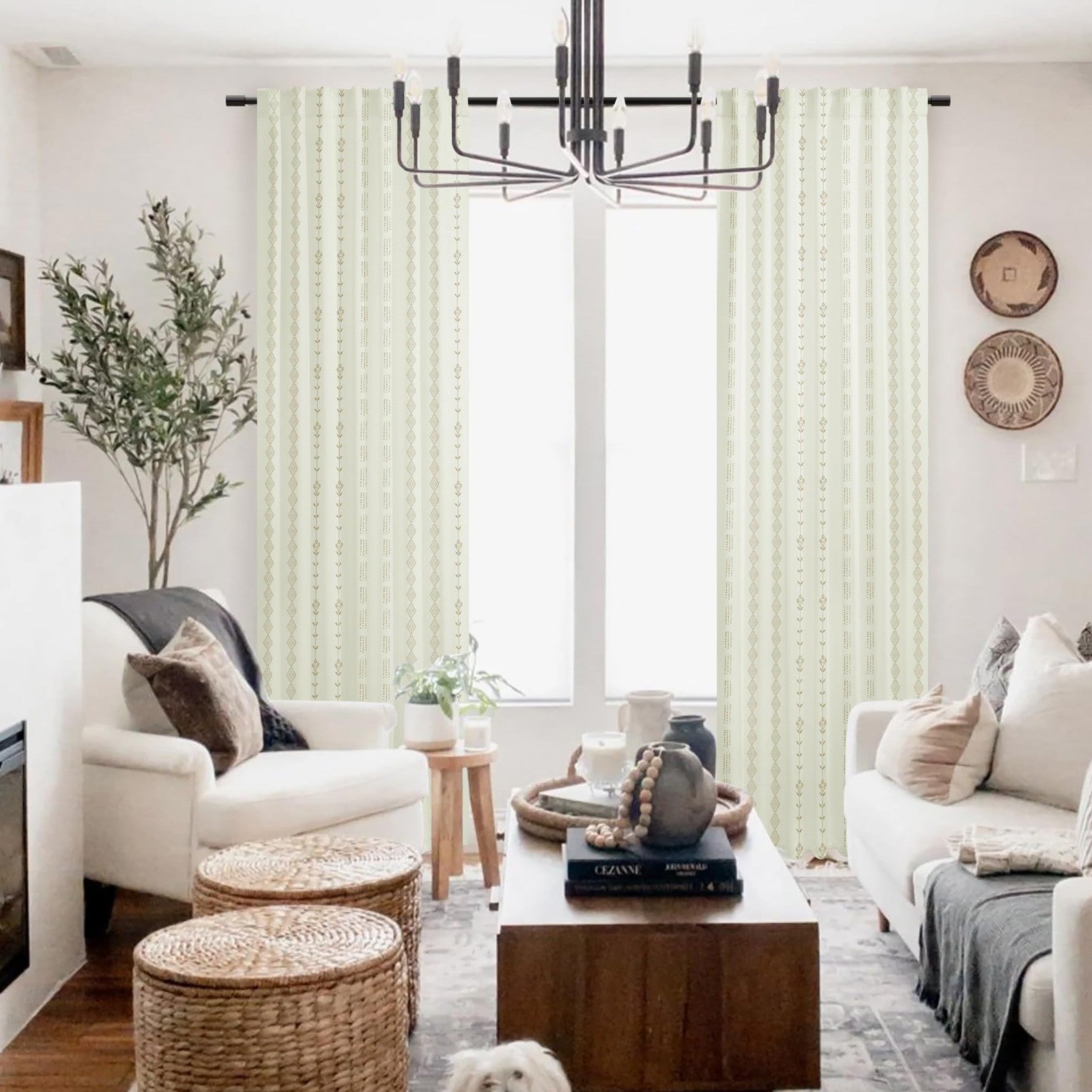 Neutral beige farmhouse curtains from Lino Rosa, 84-inch long tan blackout curtains for living room window decor.