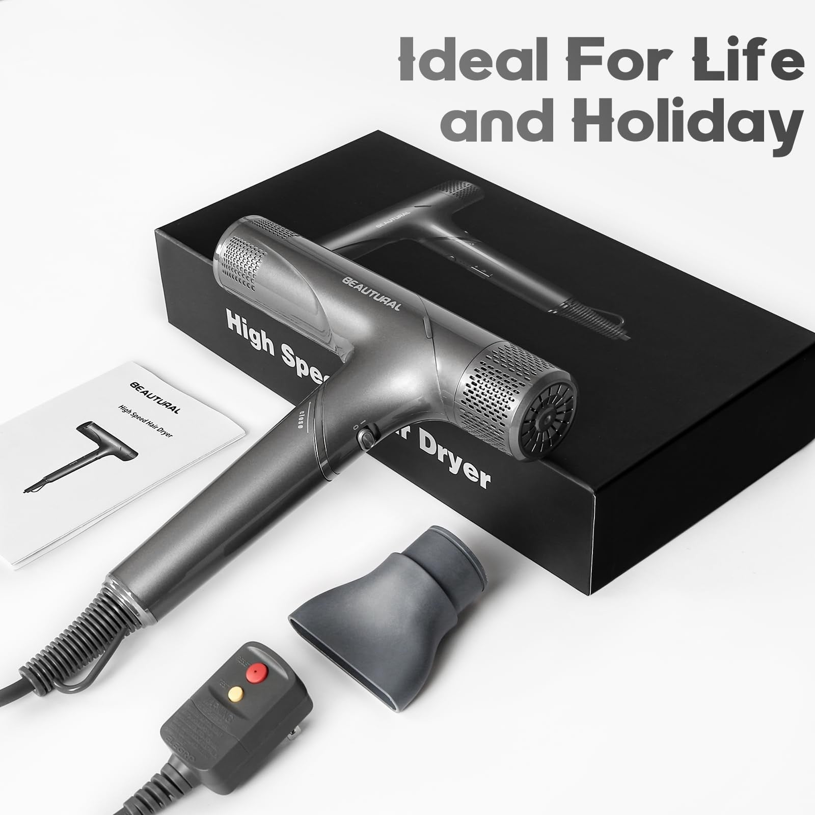BEAUTURAL 1600W high-speed foldable travel hair dryer with brushless motor and compact design for easy portability