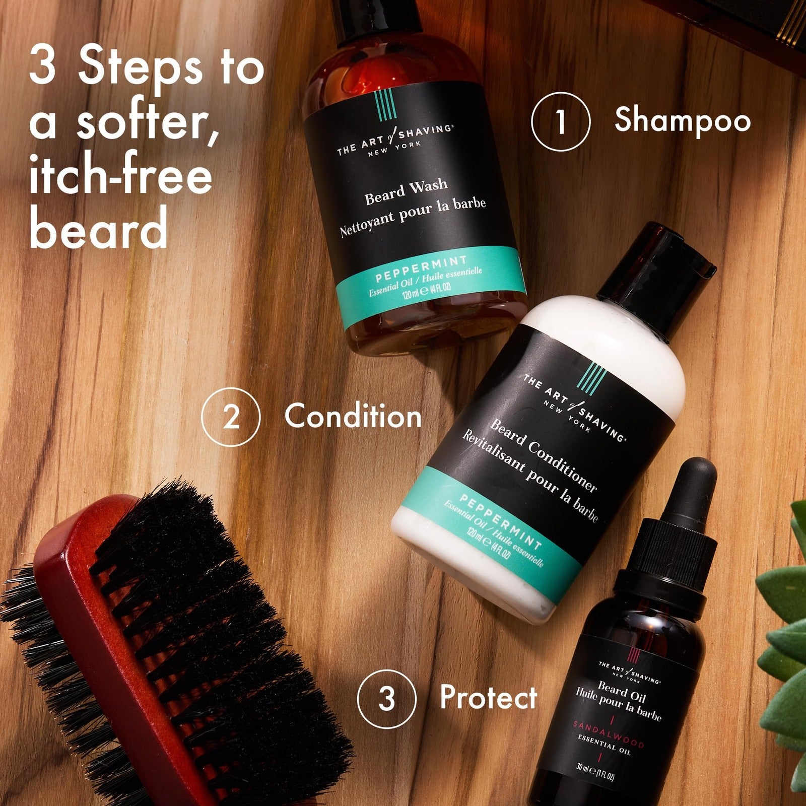 The Art of Shaving Beard Oil with sandalwood, 1 oz, featuring a dropper bottle and a beard grooming setup.