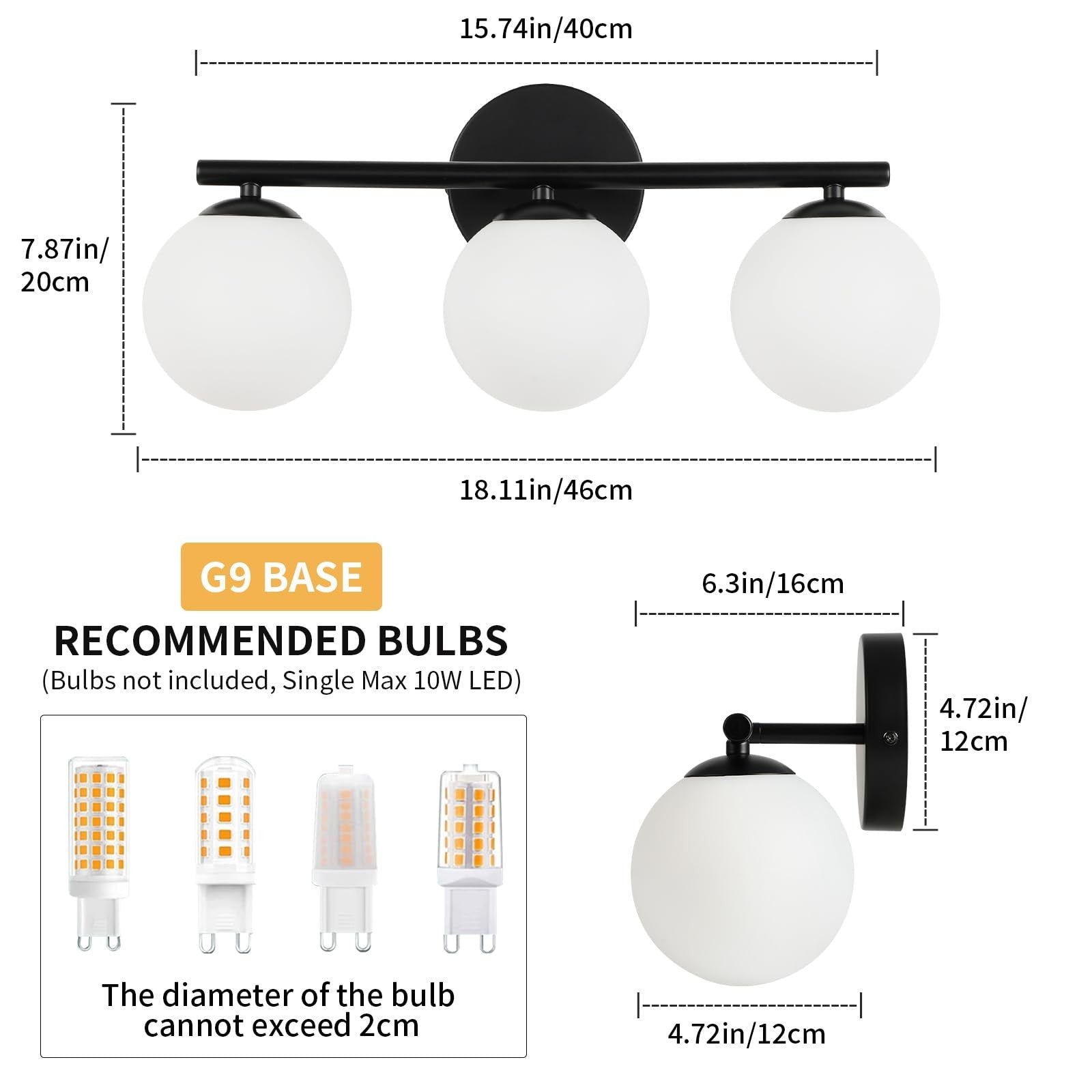 foucasal black globe bathroom vanity light fixture with three plastic globe bulbs and modern design.