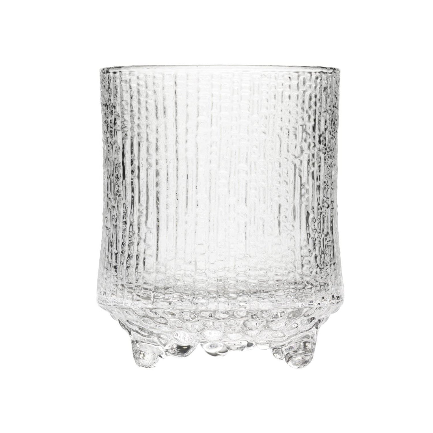 Pair of Iittala Ultima Toure old glass tumblers, size S, with clear, textured glass design, set of two for drinking beverages.